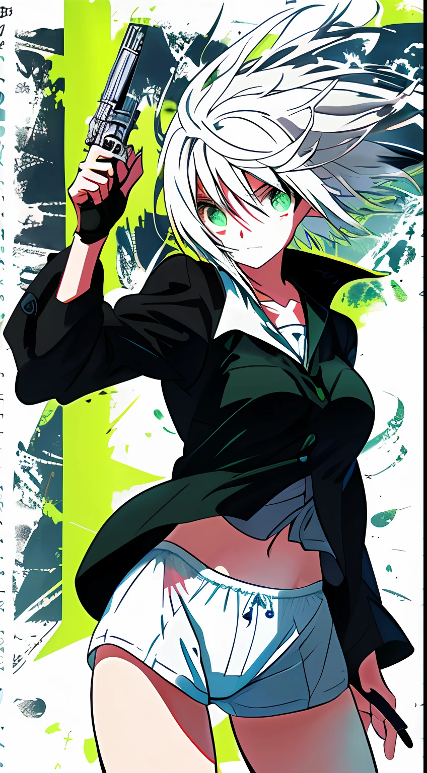 White hair,Green eyes,hand gun,white panties,Anime two-dimensional