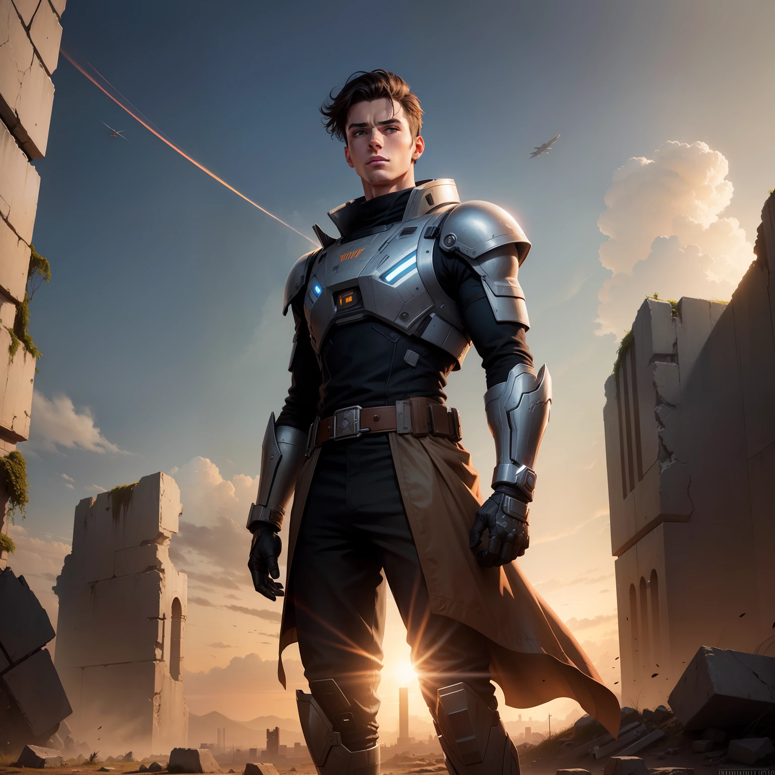 A young brunette man stood on the ruins，Look up at the sky，Handsome appearance，Mature temperament，The right hand is a robotic arm，Wear combat uniforms，The sun is about to set，The afterglow shines on the body，There are spaceships passing in the sky