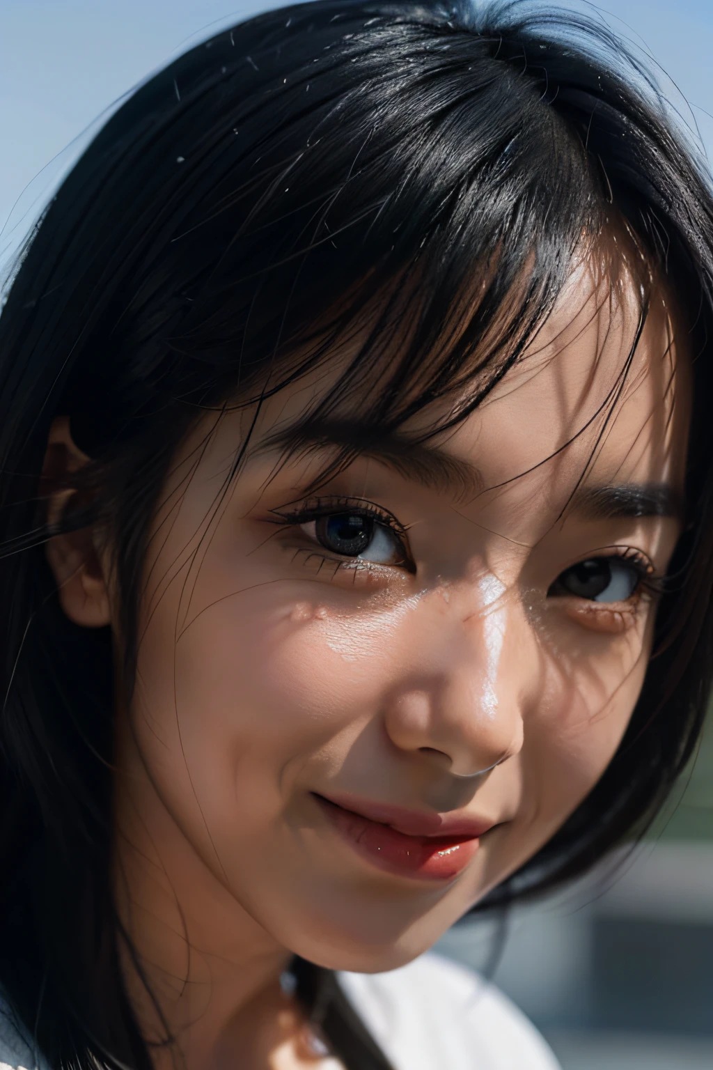 Black hair, ribbon, eyeball, happy tears, Light smile, Cubist futurism, surrealism, Chiaroscuro, god light, character sheets, Close-up, Bokeh, High details, Textured skin, Masterpiece