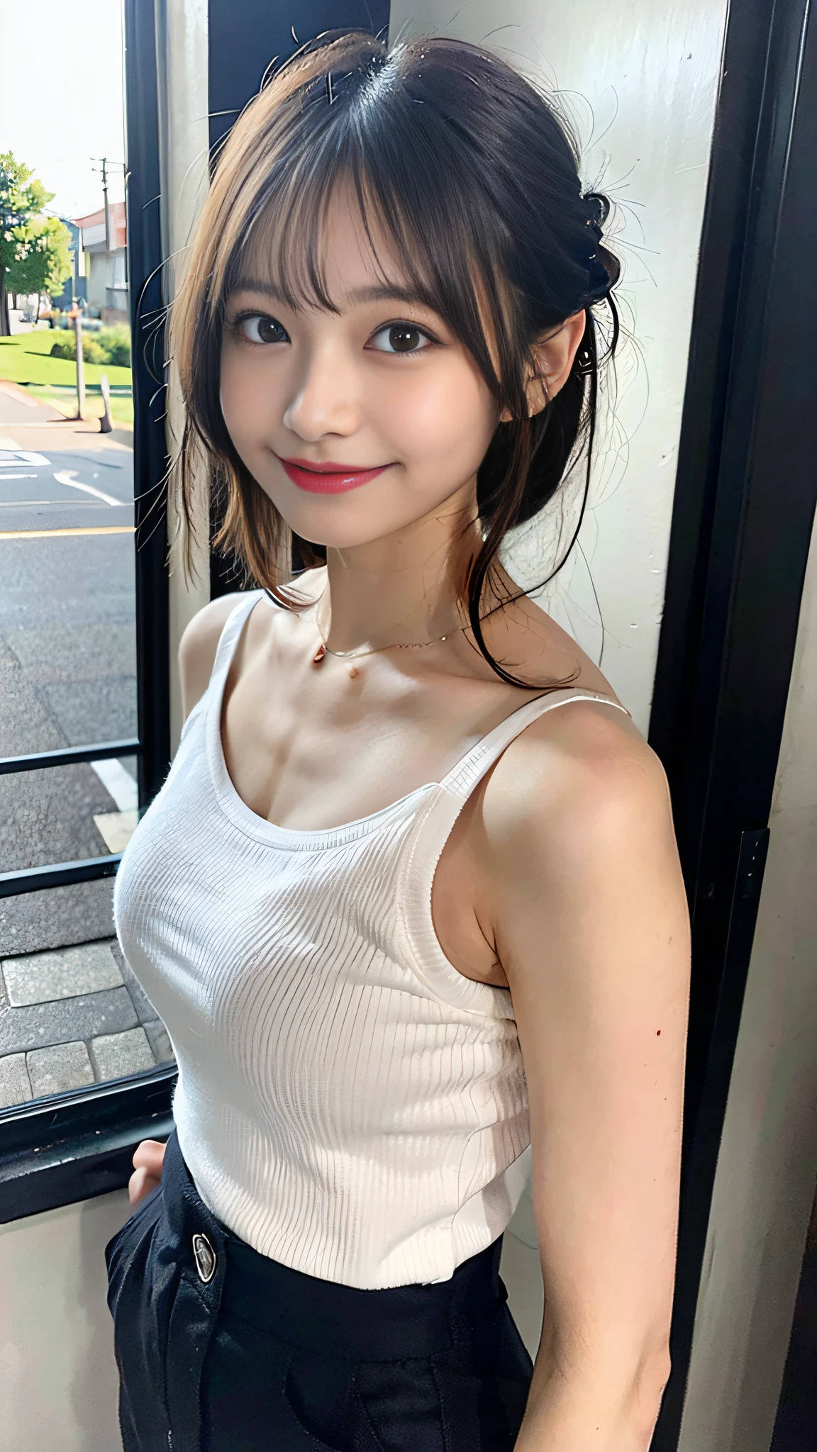 (top-quality、in 8K、32K、masterpiece、nffsw:1.2)、1girl in、beautiful japanese female、big breasts thin waist、(Beautiful nape)、((up hairstyle))、(Camisole-wearing、hotpants)、20yr old、In a room with the morning sun shining in、(In the biting pose:1.2)、(smil:1.5)、