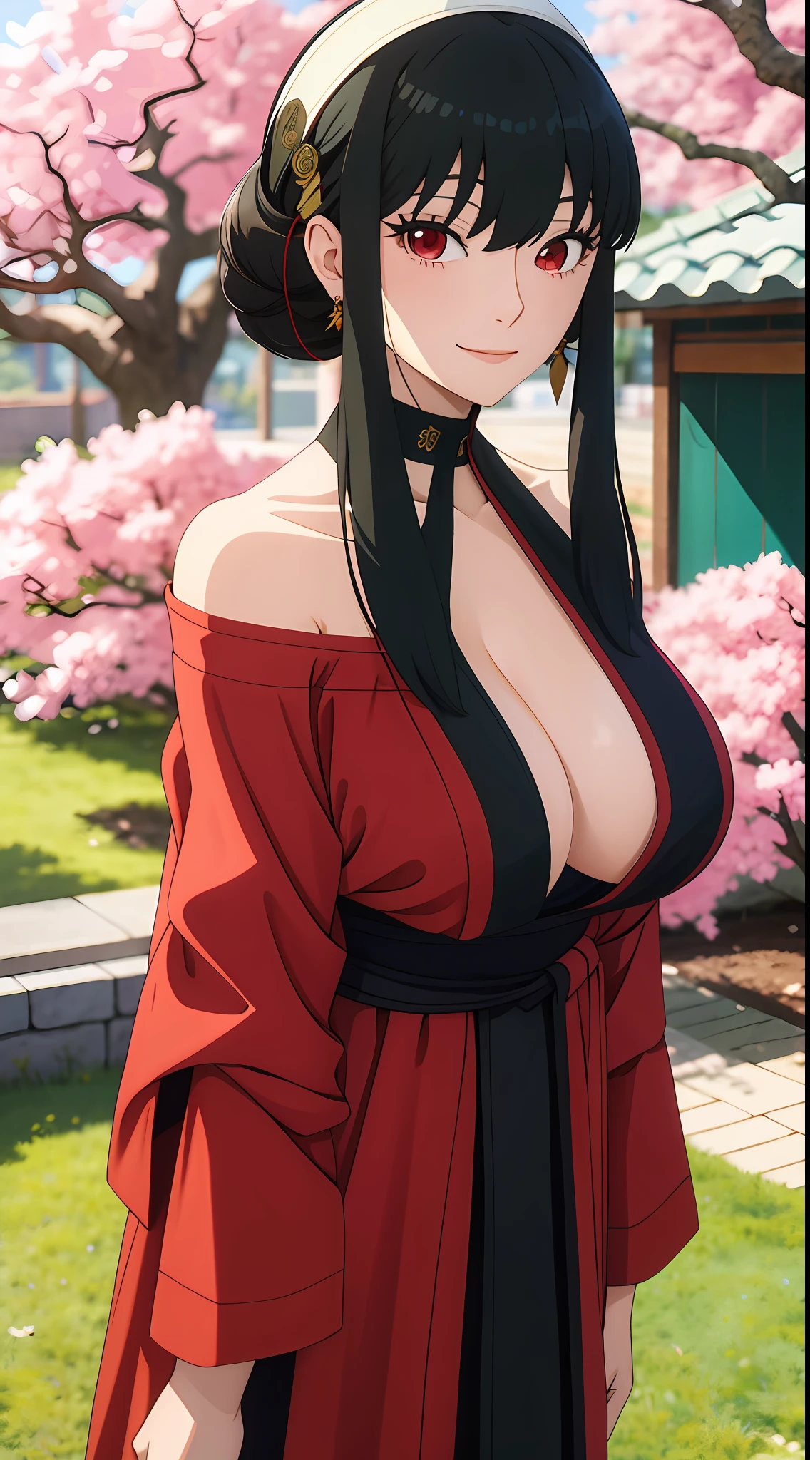 yor, Mature female, bangs, side locks, Red eyes, Black hair, hair adornments, Huge breasts,sportrait, (face:1.2), schoolgirls, ssmile,bare shoulders, Black hair, cherry blossom, cleavage, (Robe:1.21), 鎖骨, Willow Branch, (masterpiece best quality :1.2),