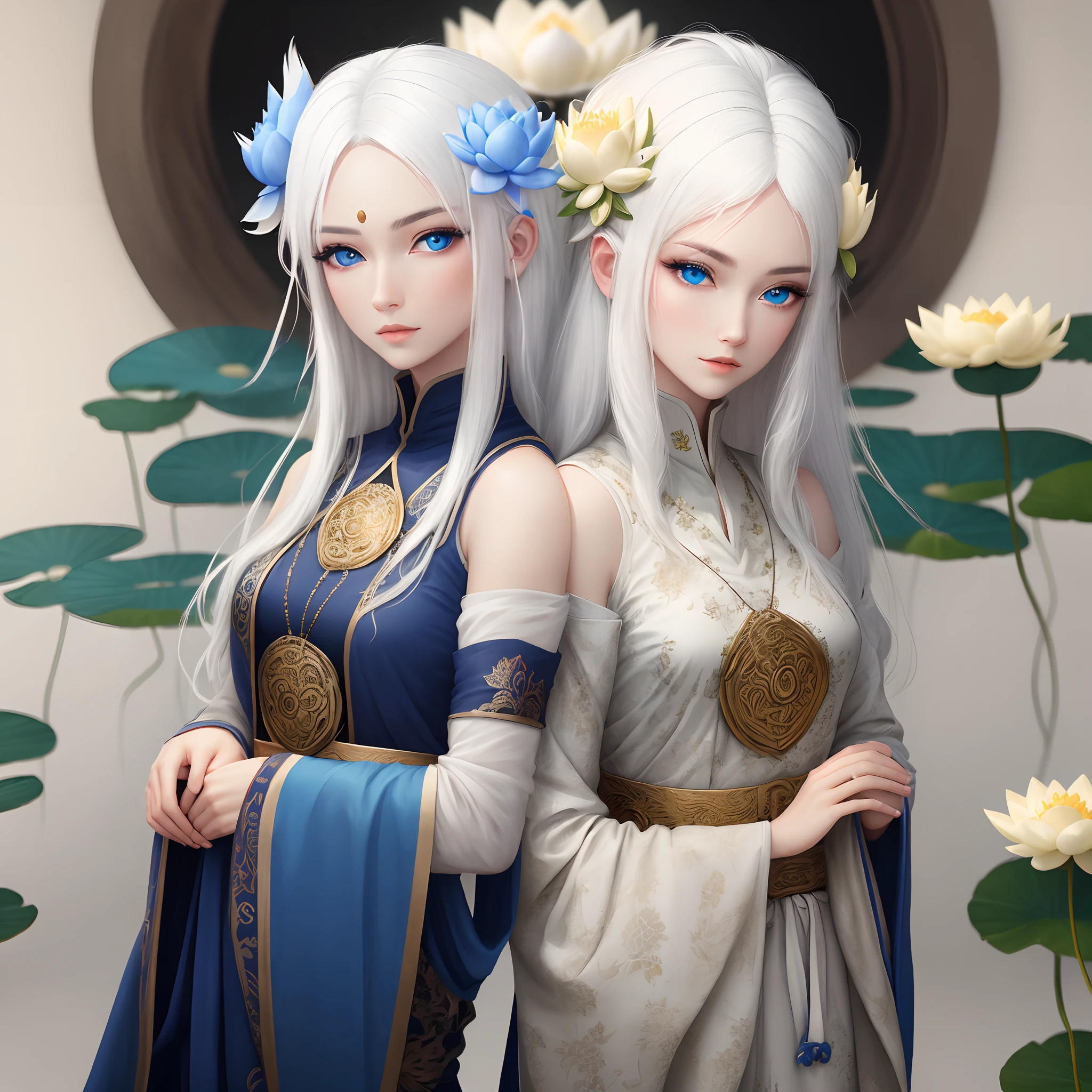 White hair and blue eyes with lotus elements