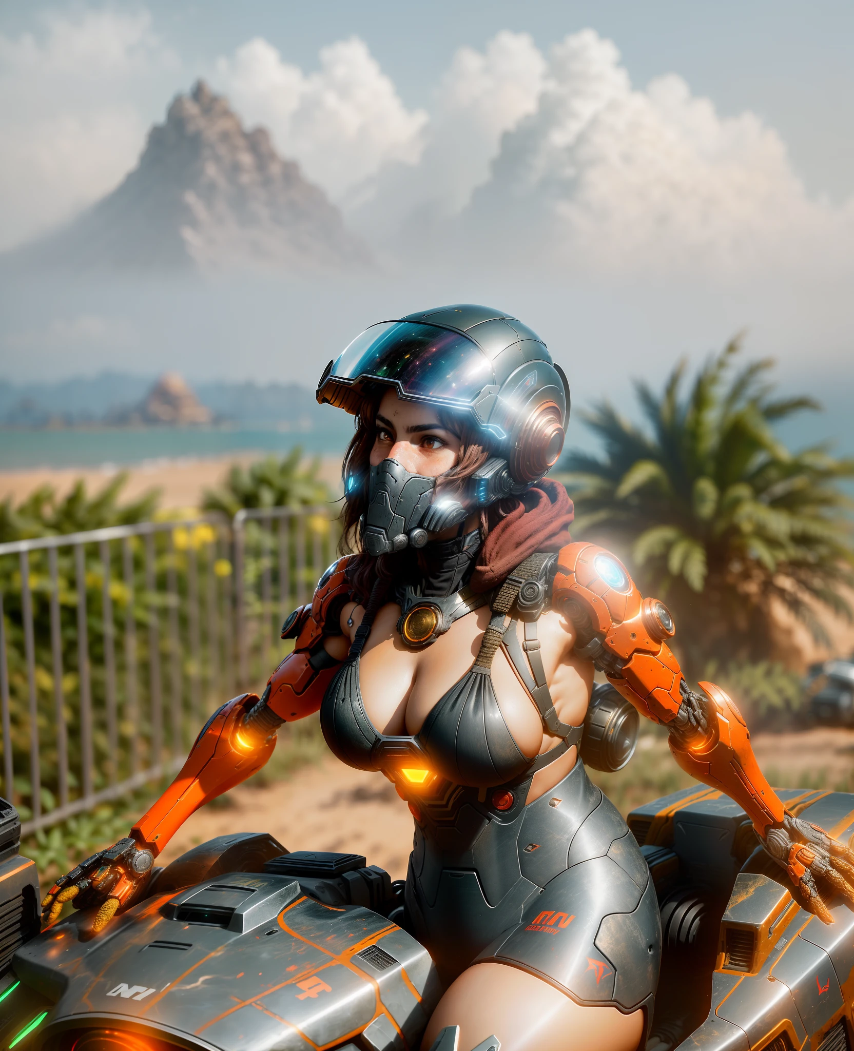 foto la Bruja Escarlata (sexy, grandes tetas) de Marvel, biomechanics, robot complejo, crecimiento completo, hiperrealista, casco de Moto cyberpunk, mirada al espectador, pechos enormes, insane small details, extremely clear lines, aesthetic cyberpunk, paisaje futurista, obra maestra presentada en Zbrush Central