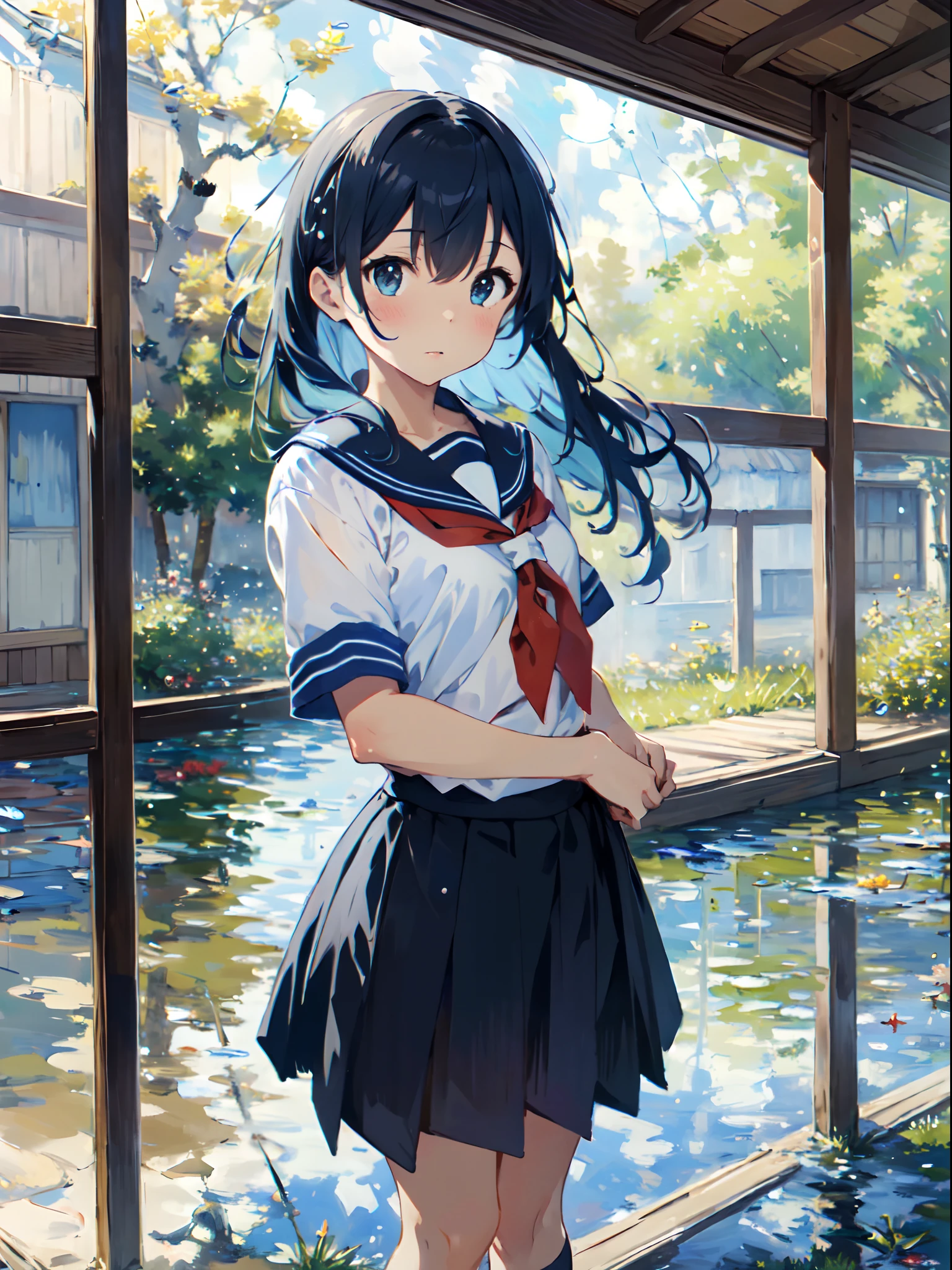 bubble, rating:safe, air_bubble, underwater, 1girl, fish,blue hair , long_hair, submerged, school_uniform, serafuku, solo, water, skirt, neckerchief, short_sleeves,(Impressionism:1.4)