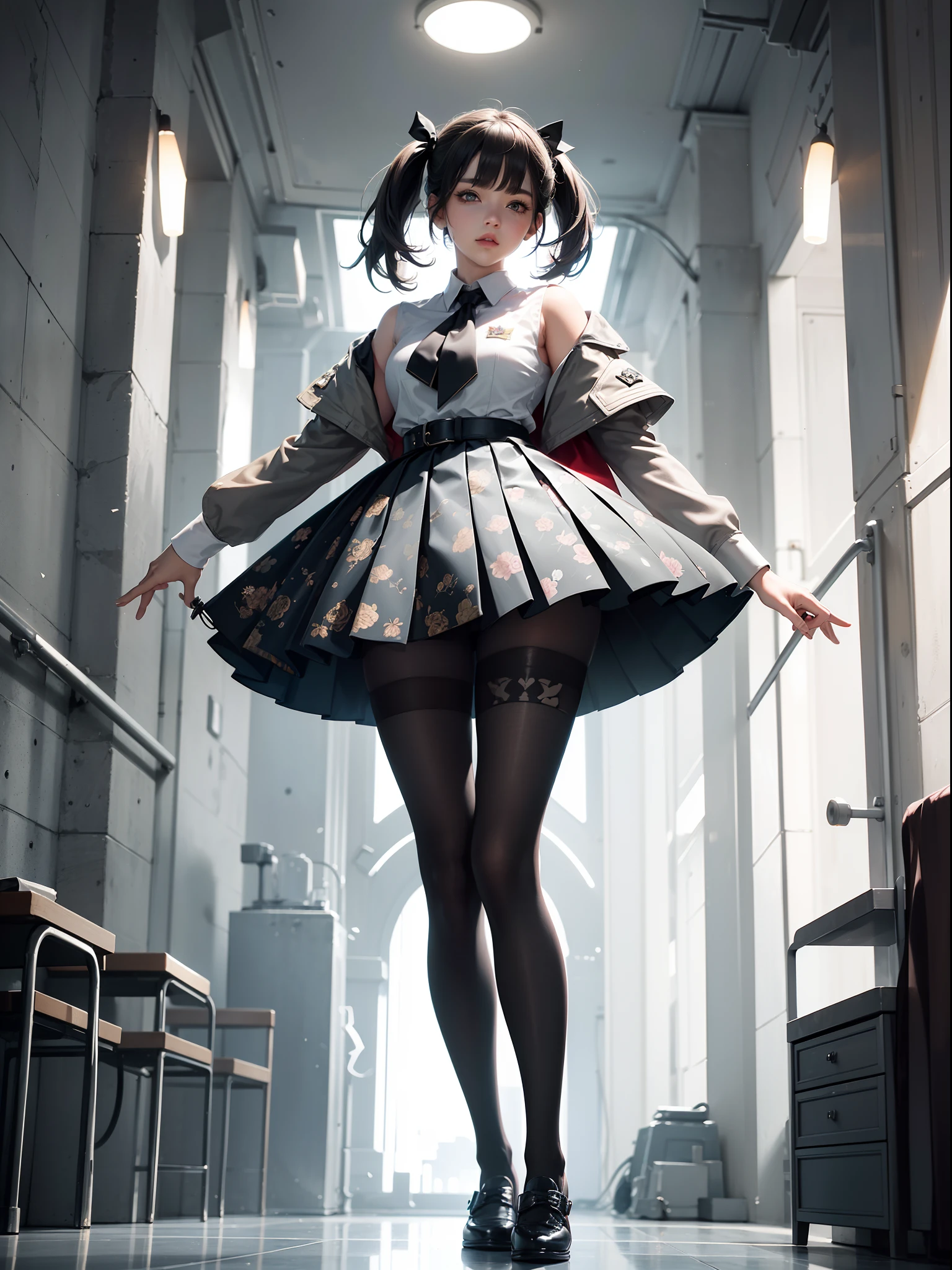 (full body:1.5)，(1girl:1.3),(looking at viewer:1.4)，(anatomy correct:1.3)，(In the paradise of the day:1.3),(Wearing Very thick Printed Pantyhose and military academy style JK uniform printed pleated skirt and JK uniform leather shoes with bow decoration :1.3), (A high jump posture:1.3),(In pink|amarelo|blue colors|green color|red colour|white colors|black in color|purpleish color|greys|Beige|Flesh color 1.4)，,(Accurate and perfect face:1.4),(Clothing Gloss:1.25),(Skin reflection:1.25),hyper HD, Ray traching, reflective light，structurally correct, Award-Awarded, high detal, lightand shade contrast, Face lighting，cinmatic lighting, tmasterpiece, super detailing, high high quality, high detal, best qualityer, 16k，high contrast,