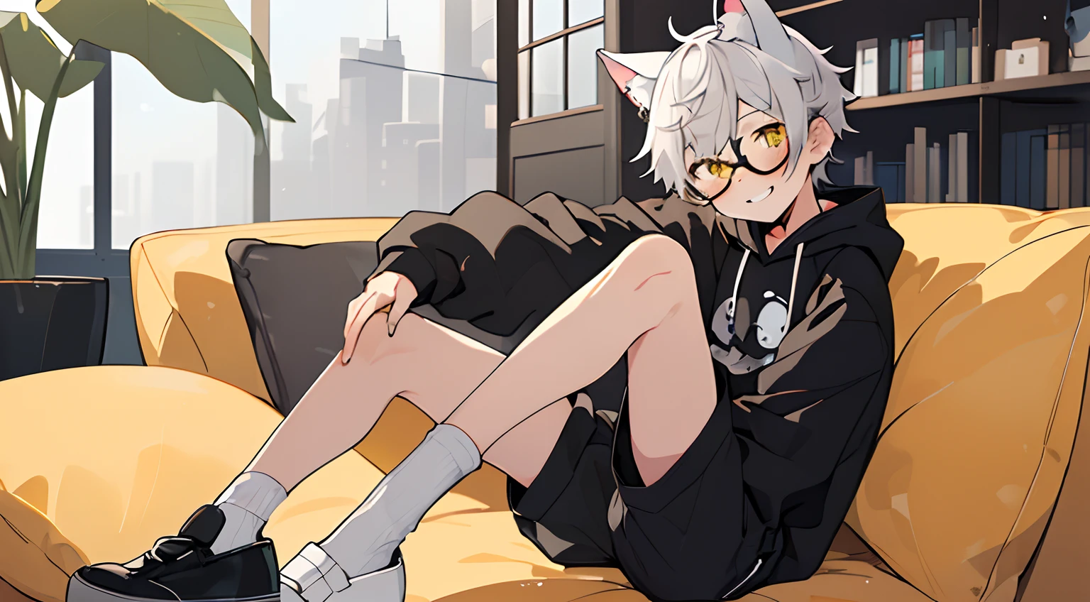 ((masterpiece)),(((best quality))), (high-quality, breathtaking),(expressive eyes, perfect face), 1boy, solo, male, short, young, small boy, short gray hair, yellow eyes, cat ears, cat tail, smiling, wearing round glasses, blushing, oversize black hoodie, black short shorts, white socks, holding stuff animal, cute, sitting in the couch