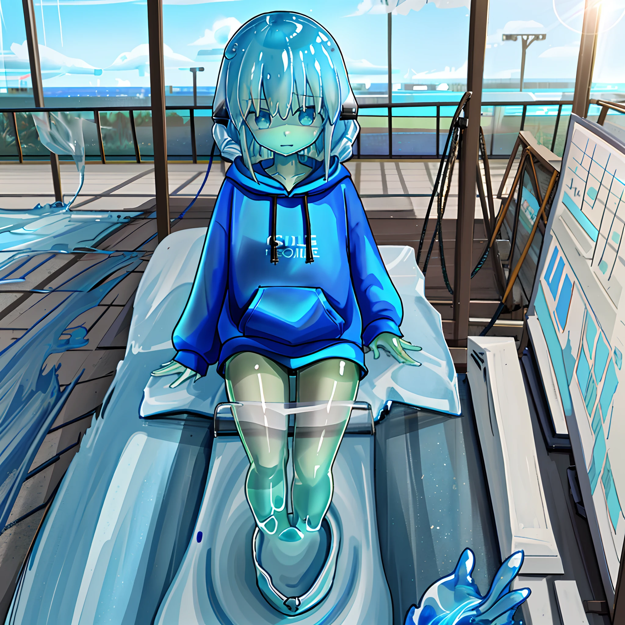 ,1girl,(slime girl), viscous blue skin,high quality,(((slime sports sweatshirt))),translucent body, transparent skin,