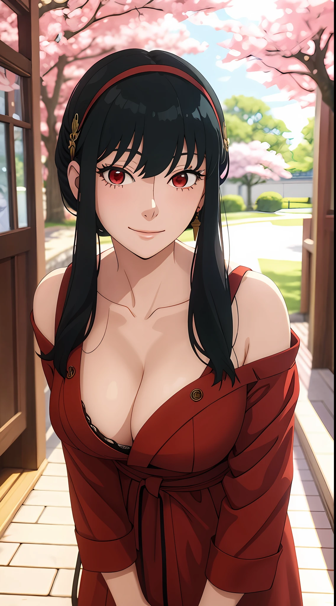 yor, Mature female,  bangs, side locks, Red eyes, Black hair, hair adornments, Huge breasts，sportrait, (face:1.2), schoolgirls, ssmile,bare shoulders​, Black hair, cherry blossom, cleavage, (Robe:1.21), 鎖骨, Willow Branch, (masterpiece best quality :1.2),