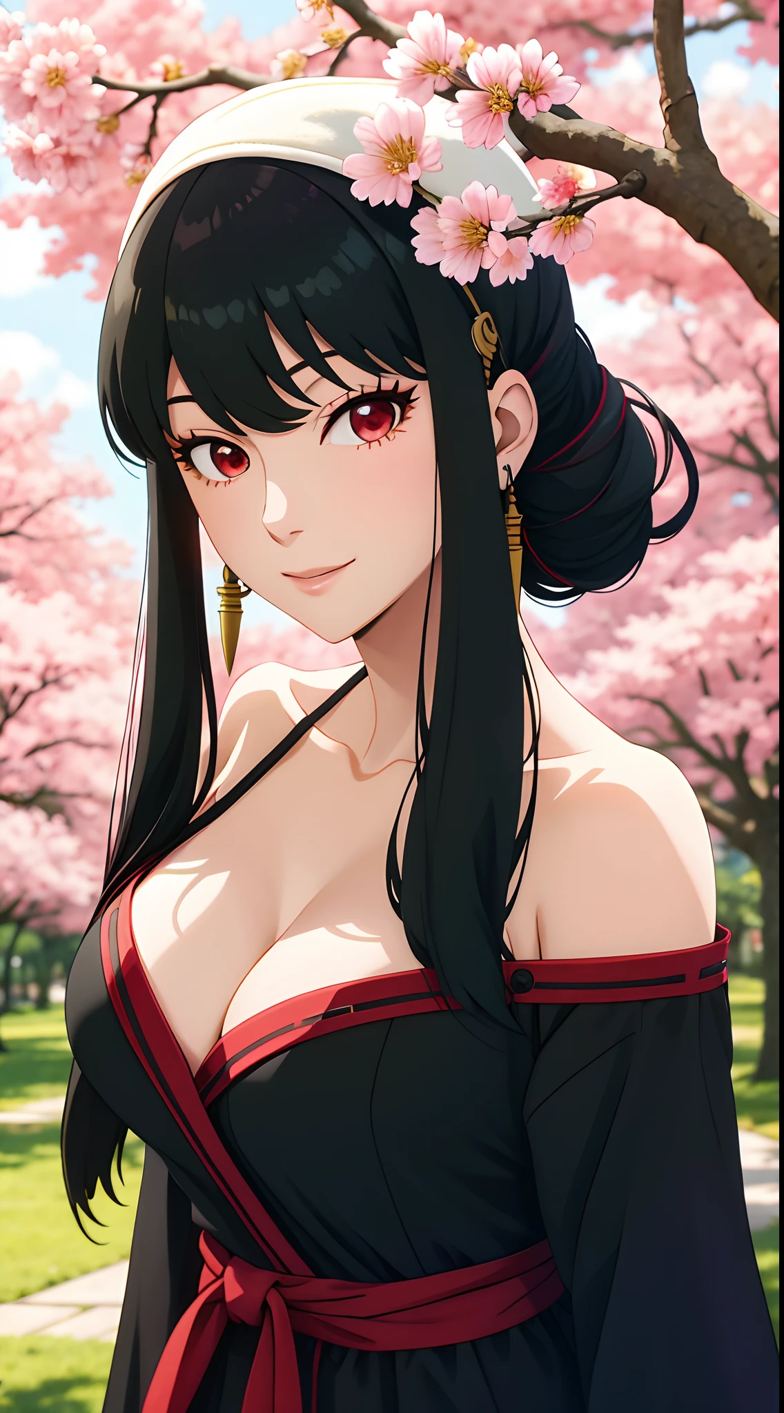 yor, Mature female, bangs, side locks, Red eyes, Black hair, hair adornments, Huge breasts,sportrait, (face:1.2), schoolgirls, ssmile,bare shoulders, Black hair, cherry blossom, cleavage, (Robe:1.21), 鎖骨, Willow Branch, (masterpiece best quality :1.2),