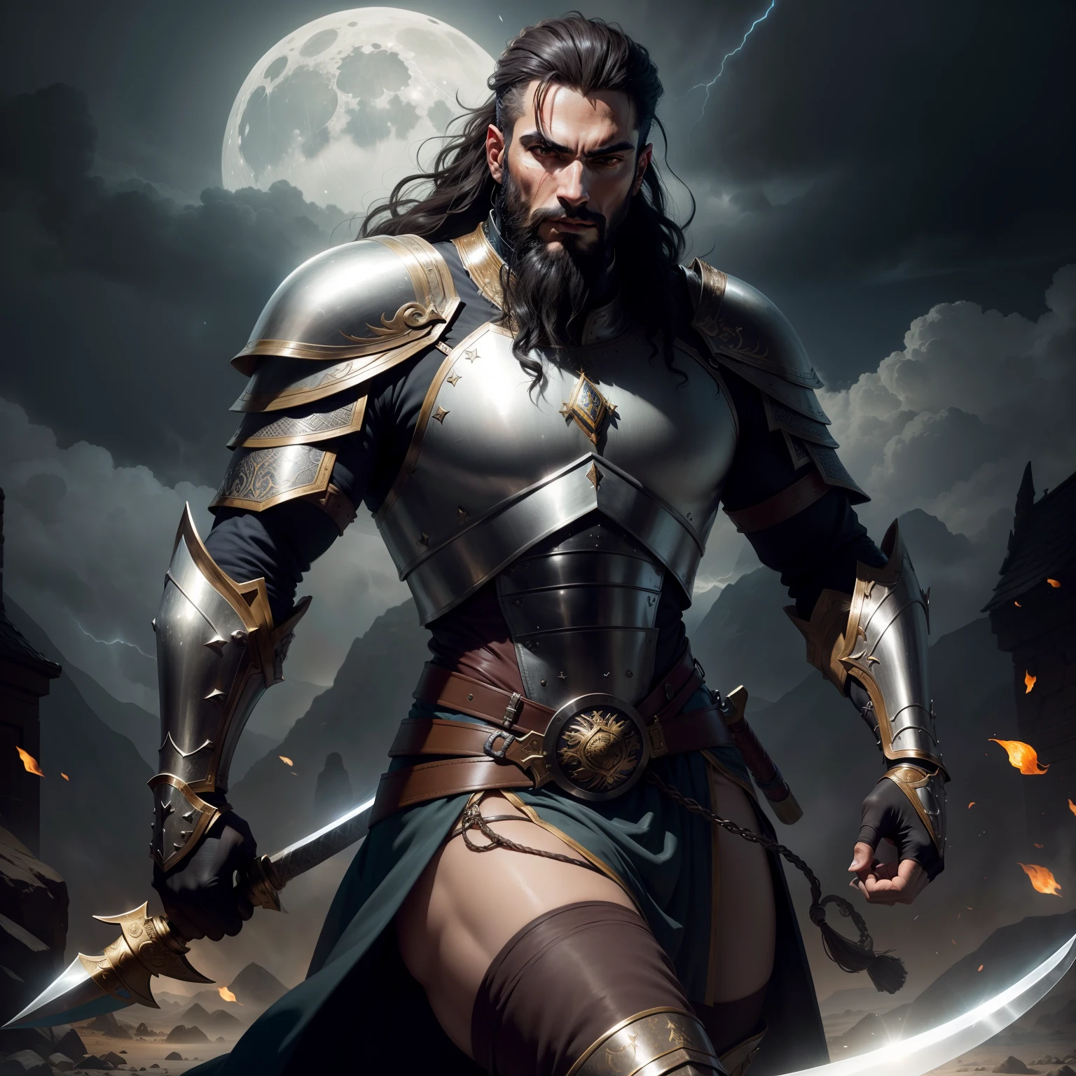 Arabian moroccan handsome bald beard muscular medieval warrior leather Armor outfit shiny Moon behind hyper realistic super detailed Dynamic pose holding Sword dramatic lighting with thunder storm Epic Lion Legendary