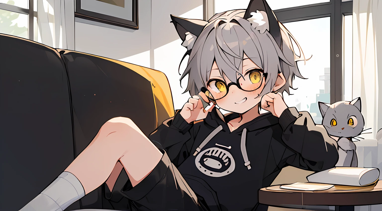((masterpiece)),(((best quality))), (high-quality, breathtaking),(expressive eyes, perfect face), 1boy, solo, male, short, young, small boy, short gray hair, yellow eyes, cat ears, cat tail, smiling, wearing round glasses, blushing, oversize black hoodie, black short shorts, white socks, holding stuff animal, cute, sitting in the couch