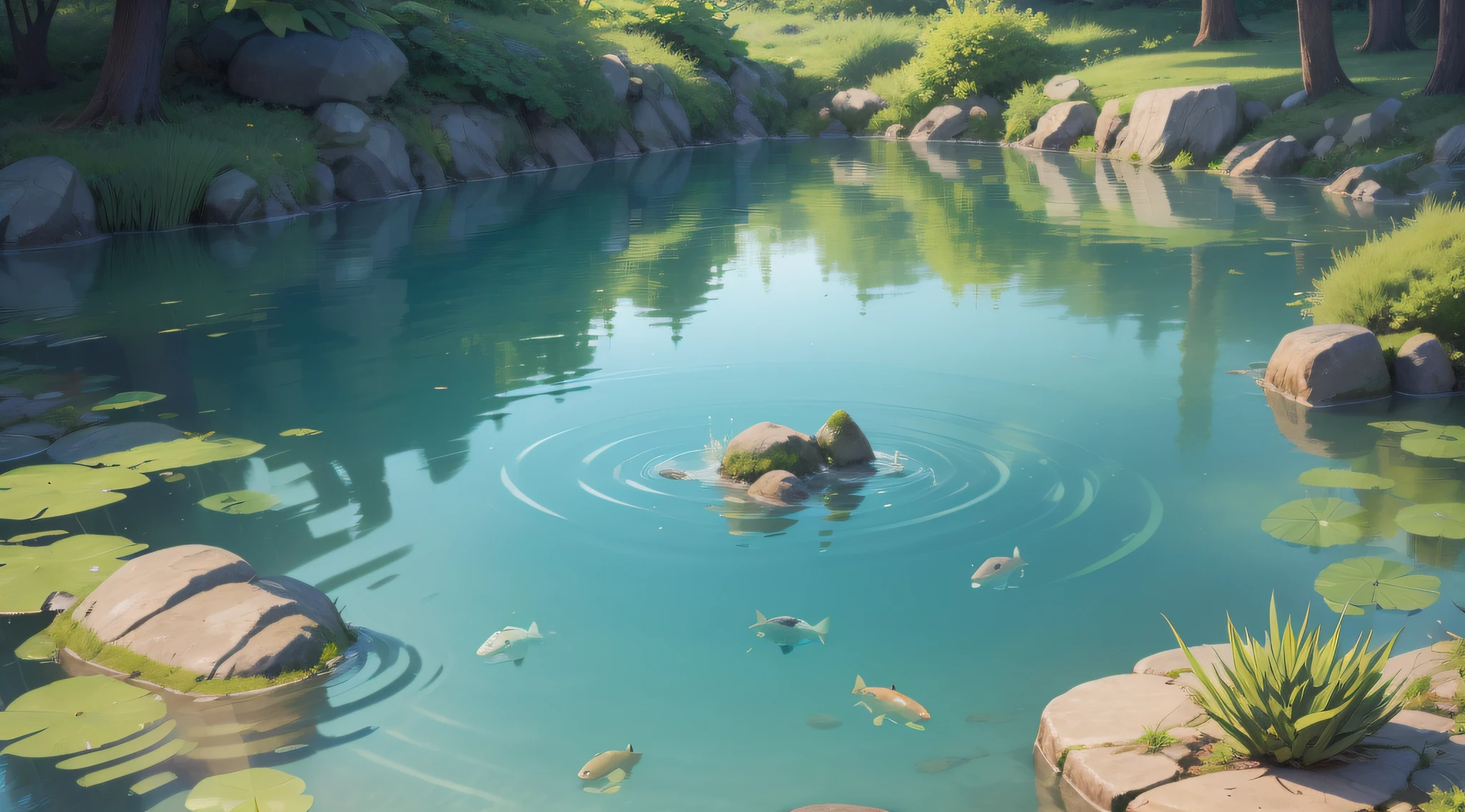 A pool of lake water,There are a few fish wandering inside。One of the fish pokes its head out of the water,The surface of the water ripples in circles。