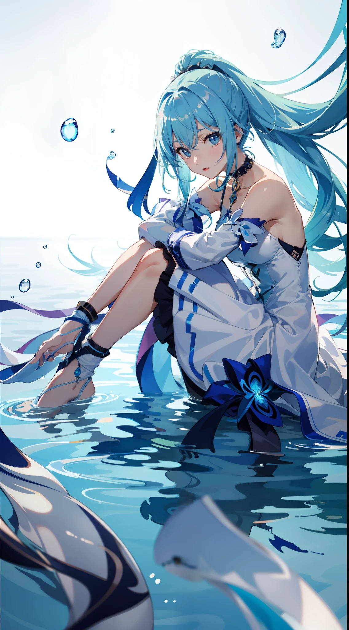 A woman floats in the water,Anime image with head in water,Anime girl on the water,swell sea, water dripping, wading, Today's featured anime stills,(( ( ( Yoshinari Yoh) ) ),animated still,anime movie screenshot,character is half in the water,beautiful anime scenes,In anime movies,Screenshot of anime from the 2012s, 8k wallpaper,tmasterpiece,cinmatic lighting,top Quority,illustratio,dramatic angles,((a color:1.1)),((colored inner hair:1.4)), 1girll, 独奏, long whitr hair, Eau, eBlue eyes, choker necklace, parted lip, white colors, liquid hair, White hair, By bangs, By bangs, From the side Side, contours, The upper part of the body, blue hairs, simple backgound, greybackground, exposed bare shoulders, sportrait, looking at viewert, white dresses, hairsbetweeneyes, colorfulhair,Pink hair, white backgrounid, face illuminated,动态照明,cinmatic lighting,Ultra photo realsisim,A high resolution,photography of,Sharp focus,highest details,extremy detailed,ultra - detailed,finedetail,extremely detailed eyes and face,Heteropupil,Low double ponytail