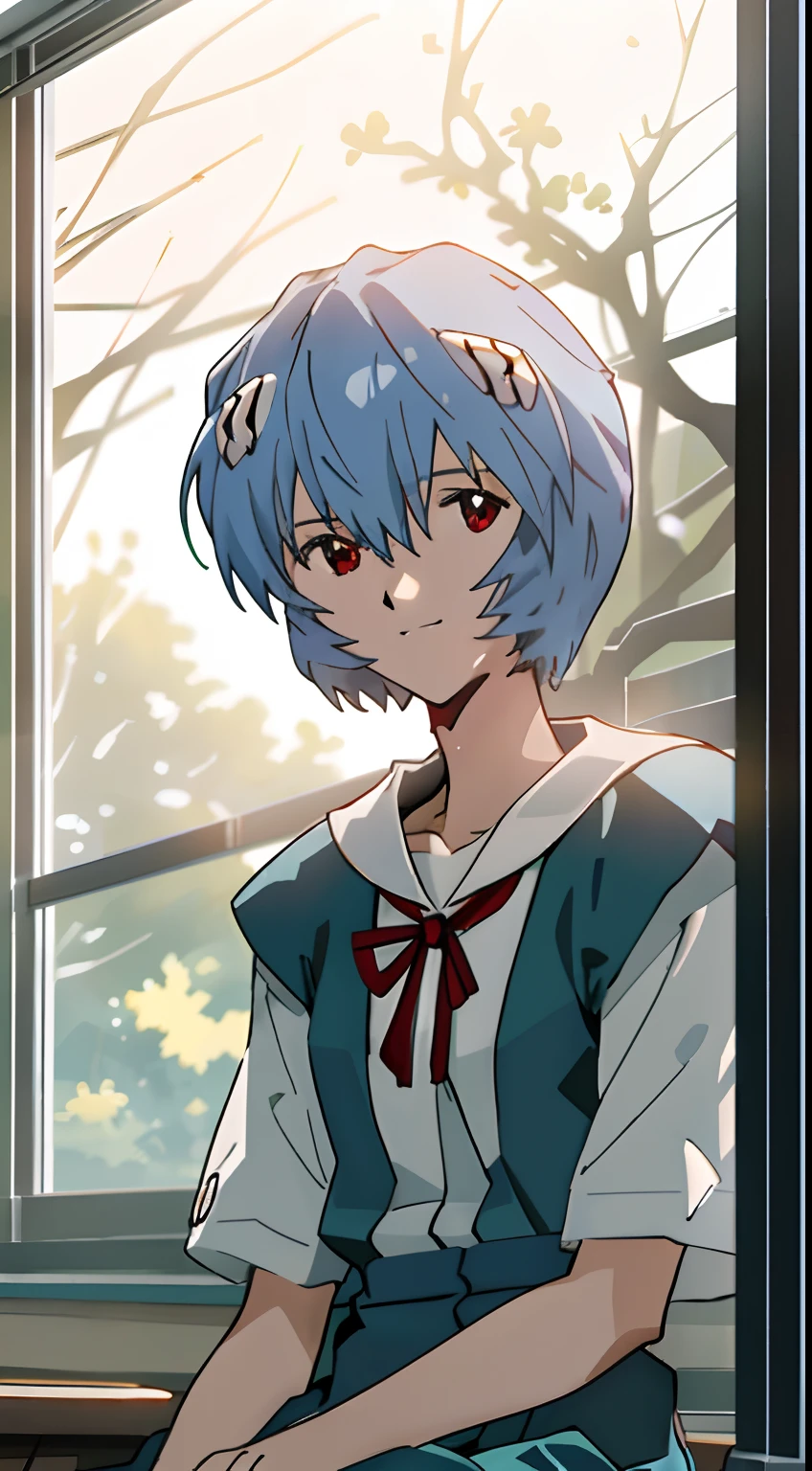 1 girl, Ayanami, Evangelion, 8K, best quality, school uniform, classroom, gentle smile, sitting in chair, looking out the window, dusk light, more details