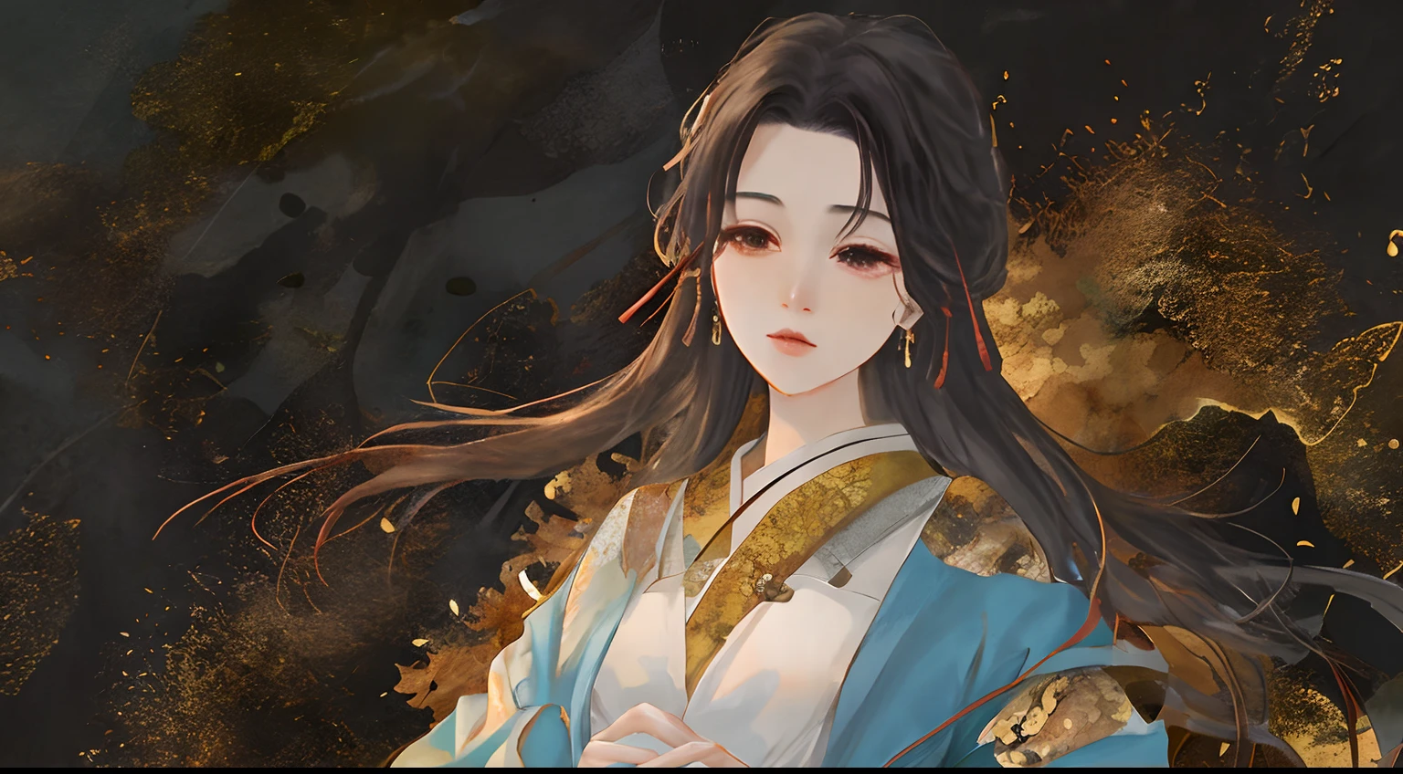 Ancient Chinese beauties sit on stones,wearing ancient Chinese costume,Flowing tulle,Light silk,Lazy posture,Falling leaves,Ink painting style,clean color,Decisive cut,Leave white space,impressionistic,tmasterpiece,ultra-detailliert,Epic composition, high qulity, HighestQuali, 4k --v 6