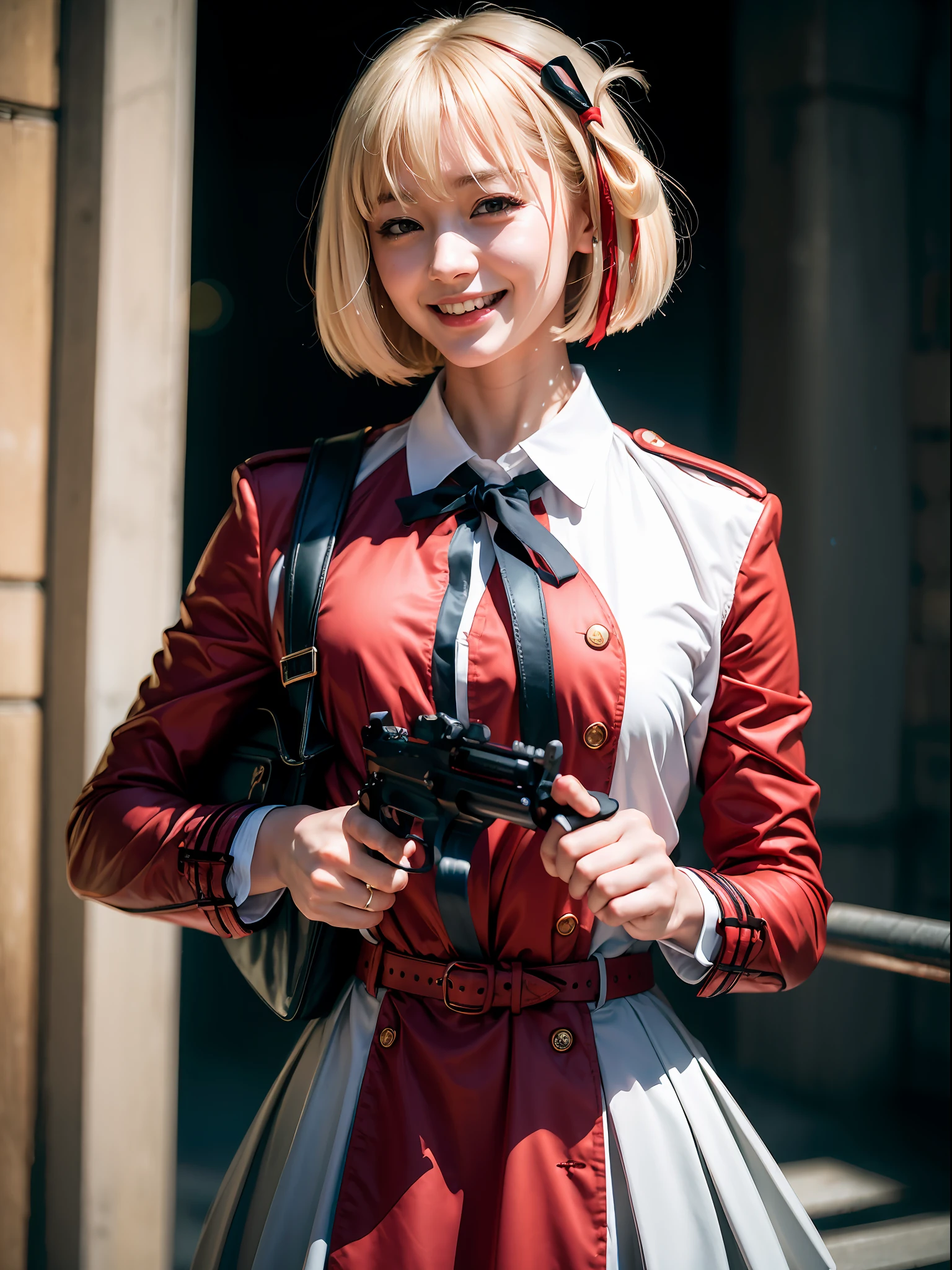 (masterpiece, best quality:1.4), gun, holding a gun, happy and big smile, chisatonishikigi, nishikigi chisato, short hair, bangs, blonde hair, (red eyes:1.5), hair ribbon, one side up, bob cut, BREAK shirt, long sleeves, dress, ribbon, white shirt, collared shirt, belt, neck ribbon, red dress, blue ribbon, pleated dress, grey dress, two-tone dress, red belt, lycoris uniform, BREAK outdoors, citypark, looking at viewer ,looking at viewer looking at viewer beautiful face, highly detailed face, highly detailed eyes, highly detailed skin, skin pores, subsurface scattering, realistic pupils, full face blush, full lips, detailed background, depth of field, volumetric lighting, sharp focus, absurdres, realistic proportions, good anatomy, (realistic, hyperrealistic:1.4), 16k hdr,