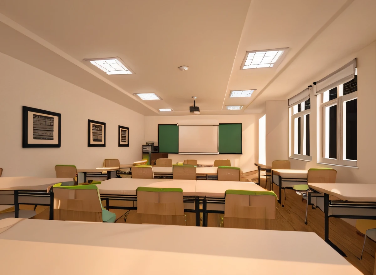 There are many tables and chairs in the room with a projector screen, School Classroom, classroom in background, Classroom, Photos of the classroom, photograph of 3d ios room, typical anime classroom, well lit 3 d render, 3D rendering of, 3 d rendered, Render in Vray, rendered in 3 dsmax, rendered lighting, vray rendered