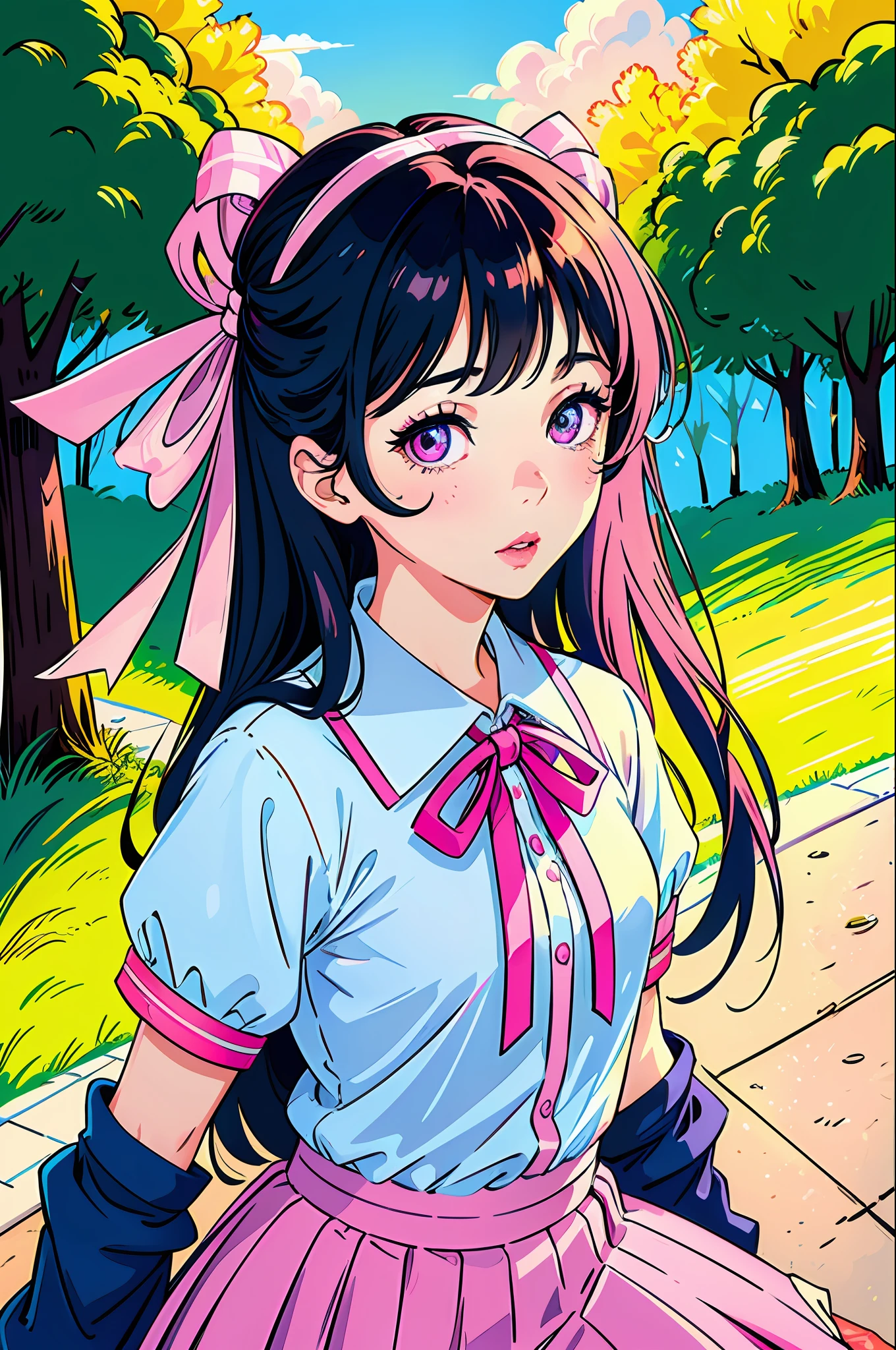 masterpiece, best quality, one girl (colorful), (beautiful finely detailed eyes and detailed face), gentle and beautiful girl, half-lengh photo, double eyelid, vivid eyes, pink lips, small nose, focused face, close-up face, ultra-high-definition, high school uniform (clothes with ribbons and skirt)