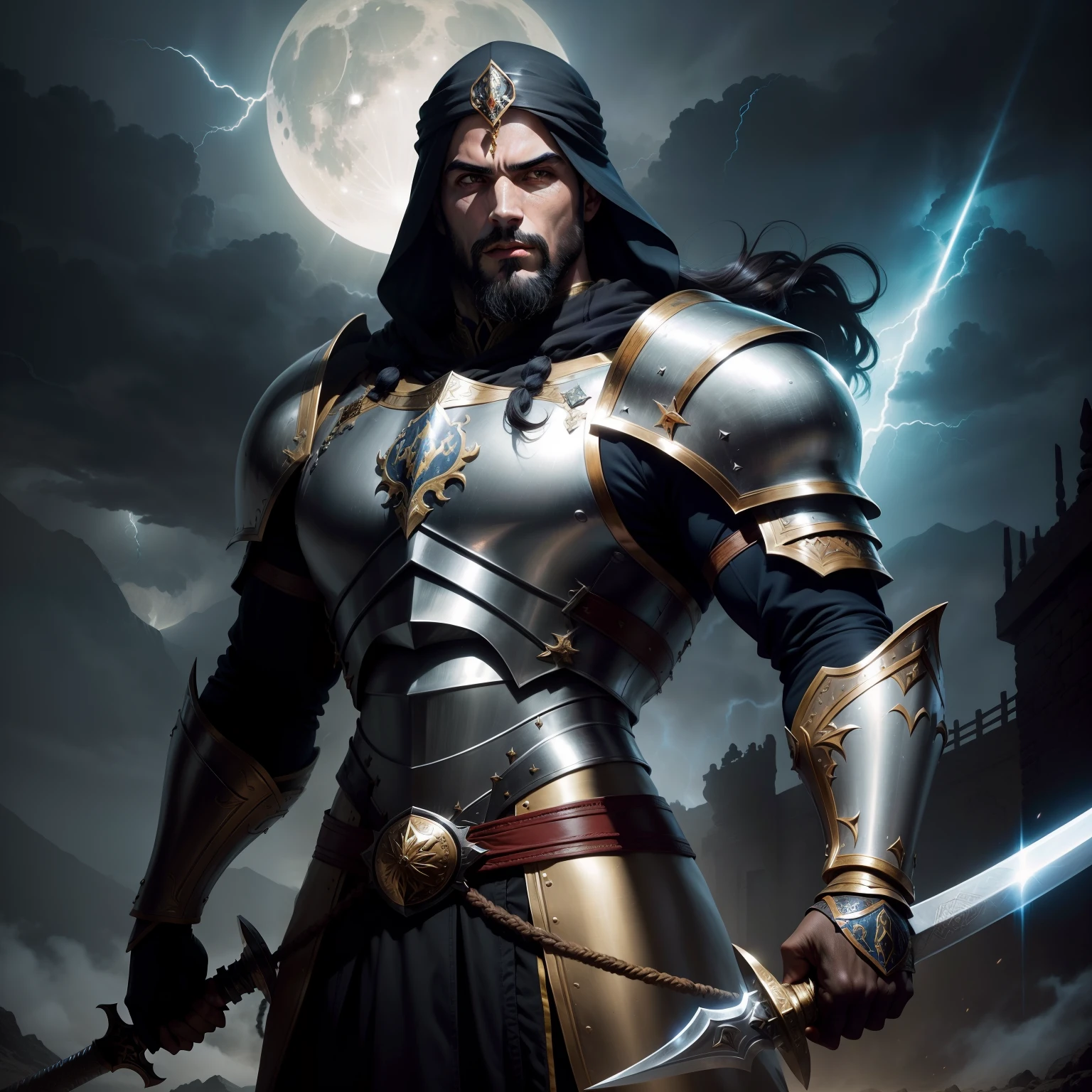Arabian moroccan handsome bald beard muscular medieval warrior leather Armor outfit shiny Moon behind hyper realistic super detailed Dynamic pose holding Sword dramatic lighting with thunder storm Epic Lion Legendary