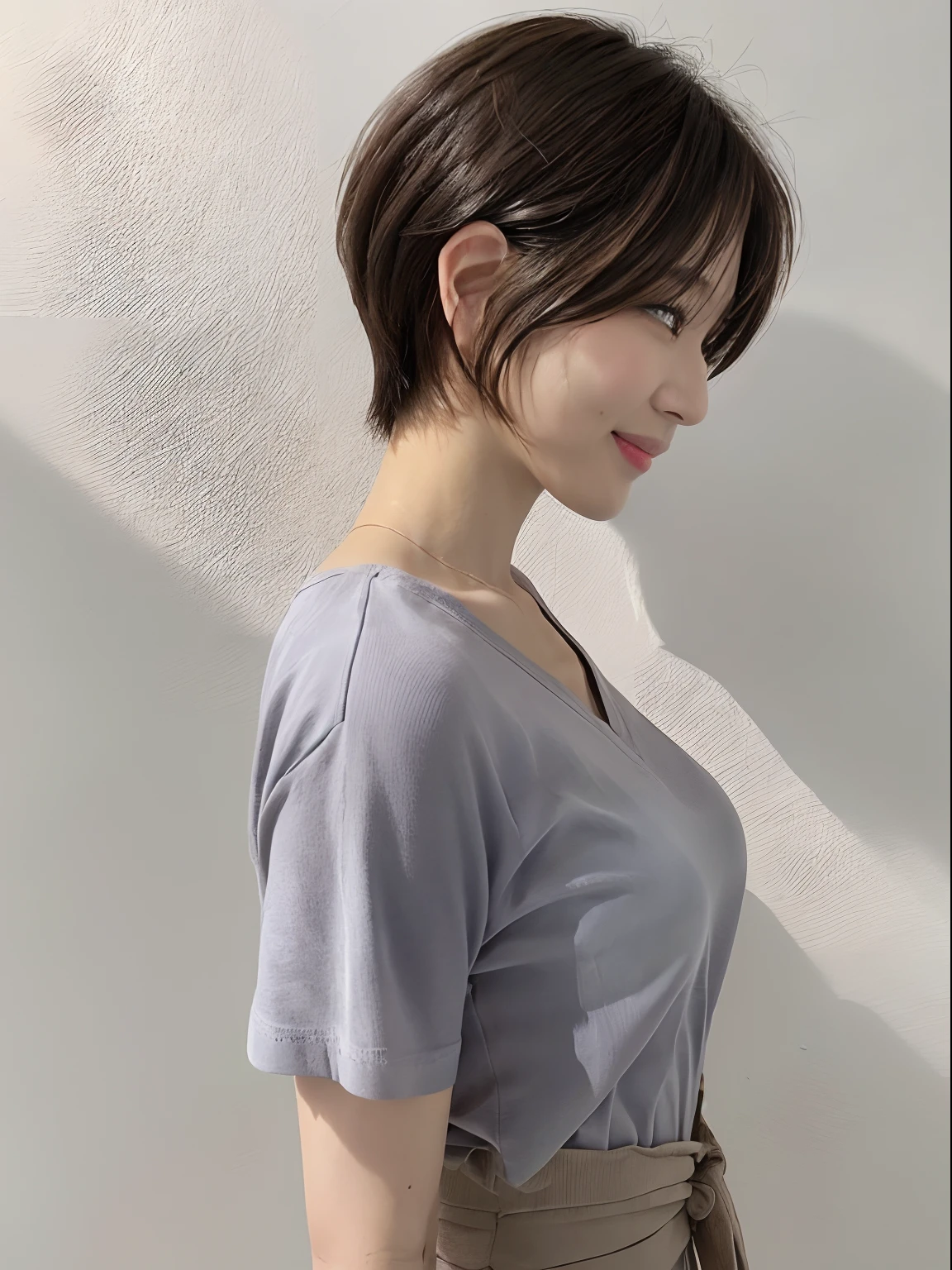 shorthair, beautiful 40-year-old woman, (medium shot: 1.4), dark brown hair, side-view, gray wall, (very short hair: 1.5), 8K, (RAW photo), (best quality), (photorealistic: 1.4), perfect human, realistic touch realistic, (4k high definition: 1.2), (profile 1.5), White grey background, (Real Human: 1.2) (Orange Shirt: 1.2), (Short Hair: 1.6), (Crisp Short Hair: 1.5), (Tight Short Hair: 1.2), High Quality, Real Photo, (Taken with iPhone14pro: 1.1), Photo Like Real Human, (Gray White Background: 1.3), Landscape, (Profile: 1.2), Orange shirt, (beautiful eyes: 1.1), (smile: 1.1), (waist up: 1.7)