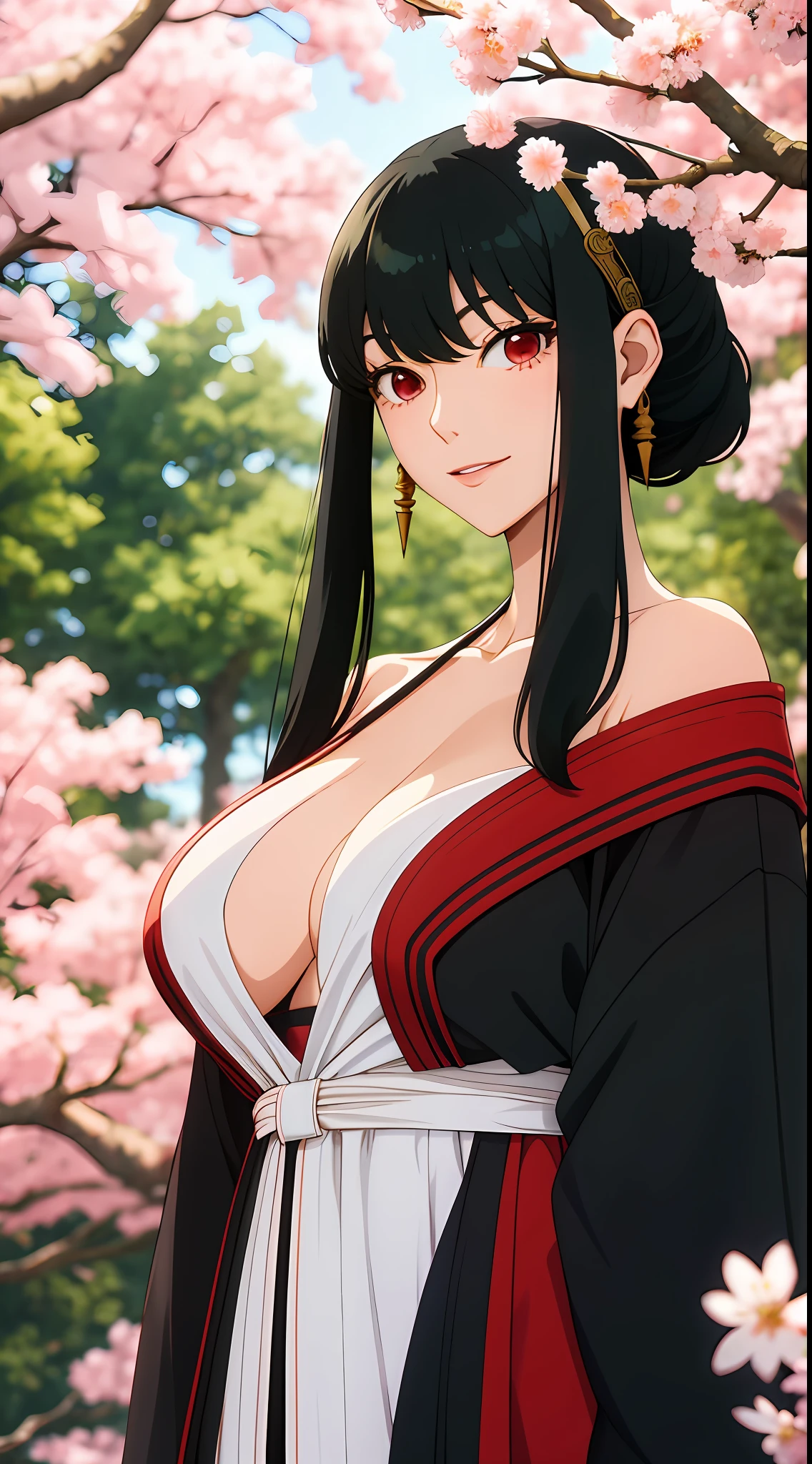 yor, Mature female,  bangs, side locks, Red eyes, Black hair, hair adornments, Huge breasts，sportrait, (face:1.2), schoolgirls, ssmile,bare shoulders​, Black hair, cherry blossom, cleavage, (Robe:1.21), 鎖骨, Willow Branch, (masterpiece best quality :1.2),