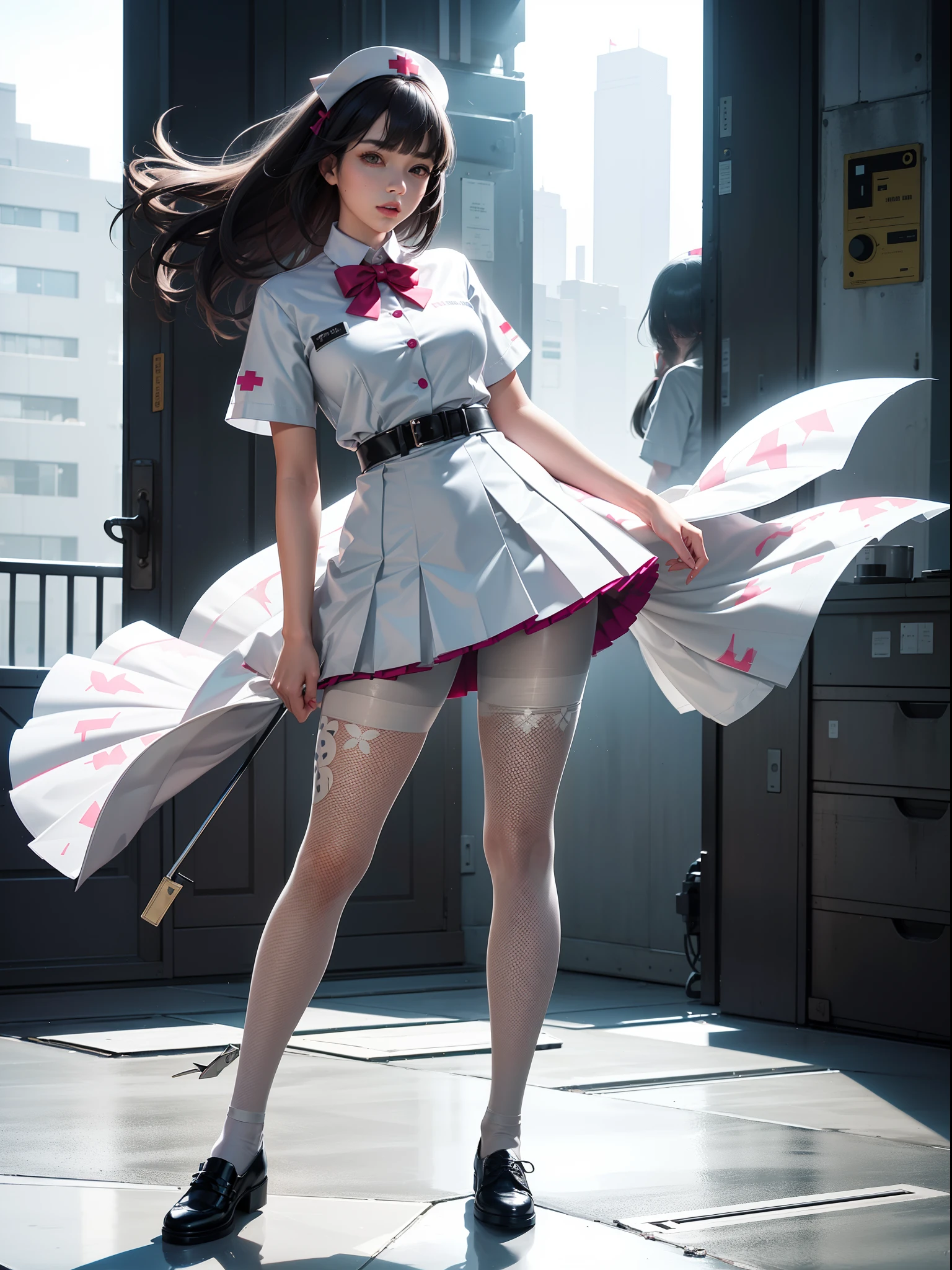 (full body:1.5),(1girl:1.3),(looking at viewer:1.4),(anatomy correct:1.3),(In the paradise of the day:1.3),(Wearing Very thick Printed Pantyhose and nurse style JK uniform printed pleated skirt and JK uniform leather shoes with bow decoration :1.3), (A high jump posture:1.3),(In pink|amarelo|blue colors|green color|red colour|white colors|black in color|purpleish color|greys|Beige|Flesh color 1.4),,(Accurate and perfect face:1.4),(Clothing Gloss:1.25),(Skin reflection:1.25),hyper HD, Ray traching, reflective light,structurally correct, Award-Awarded, high detal, lightand shade contrast, Face lighting,cinmatic lighting, tmasterpiece, super detailing, high high quality, high detal, best qualityer, 16k,high contrast,