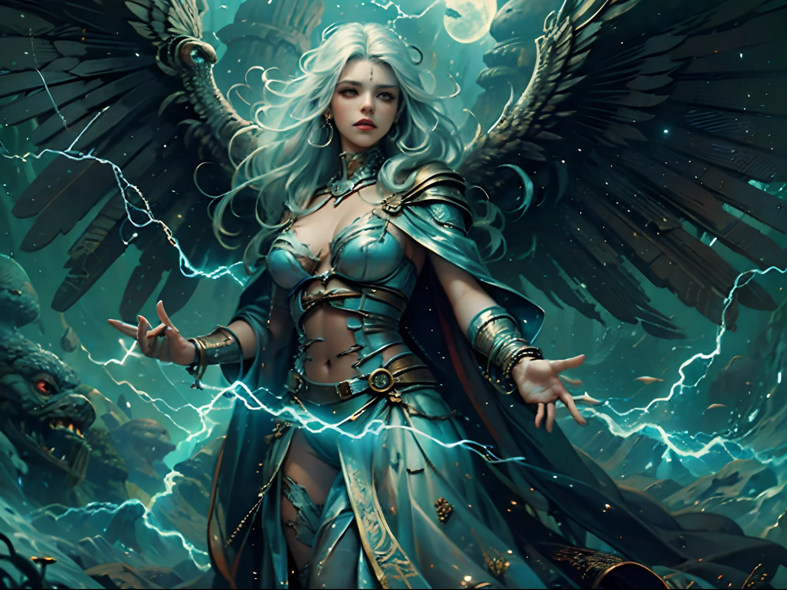 arafed high details, best quality, 8k, [ultra detailed], masterpiece, best quality, (extremely detailed), dynamic angle, ultra wide shot, photorealistim, RAW, fantasy art, dnd art, fantasy art, realistic art, a wide angle picture of a female aasimar sorceress casting a lightning spell, full body  (intense details, Masterpiece, best quality), D&D aasimar, exremley beautiful female aasimar, silver hair, long hair, wavy hair, dynamic eyes color, angelic eyes, radiant magical eyes, ultra detailed face (intense details, Masterpiece, best quality), spread angelic wings, white angelic wings (intense details, Masterpiece, best quality),  wearing [black] robe, wearing blue cloak, long cloak, flowing cloak with lightning motifs (intense details, Masterpiece, best quality), armed with magical staff (intense details, Masterpiece, best quality), manipulating lightning magical energy (intense details, Masterpiece, best quality), controlling lightning, dark fantasy magical tower background, evil temple background (intense details, Masterpiece, best quality), ready for action