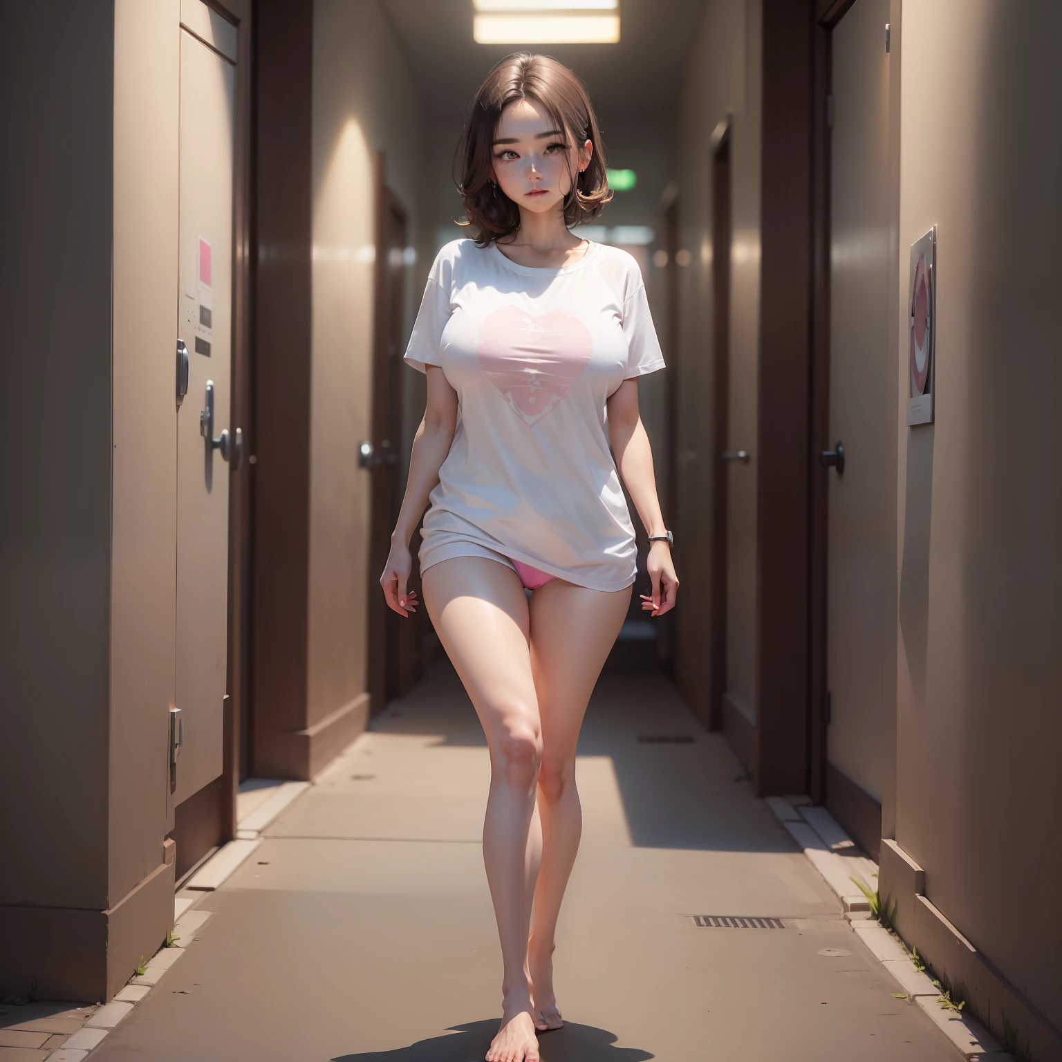 ((midynight, Need, 8k, tmasterpiece:1.3)), full bodyesbian, Long legs, Focalors:1.2, perfect figure beautiful woman:1.4, Slim abs:1.1, ((Dark brown hair, huge tit:1.2 )), (white tight t-shirt, pink panty, standing on your feet:1.2), Highly detailed facial and skin texture, A detailed eye, 二重まぶた，Bottom-up perspective