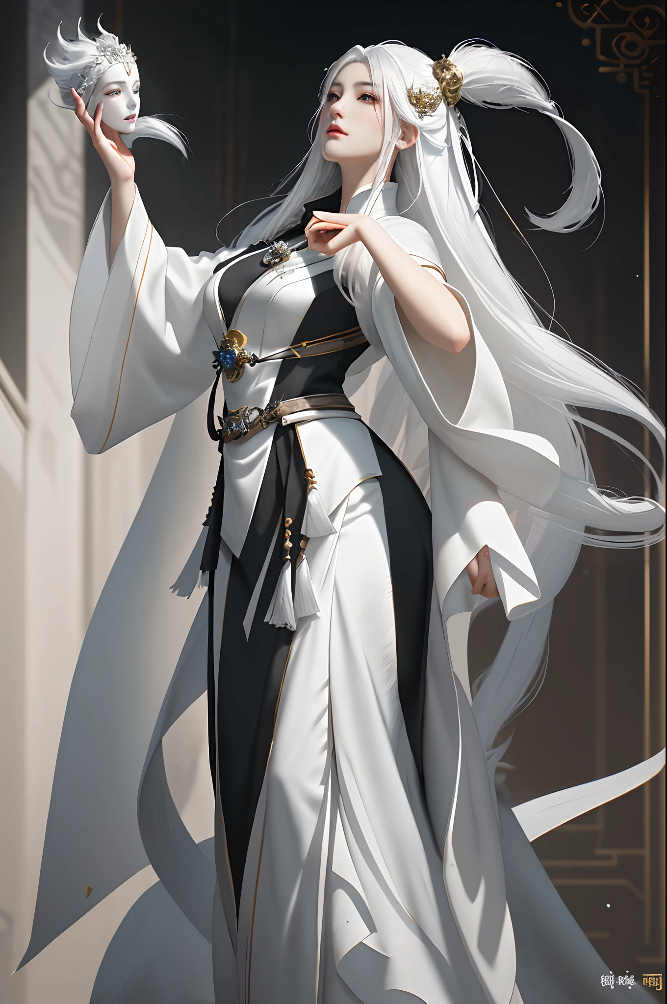 a close up of a woman with black hair and a white mask, beautiful character painting, guweiz, artwork in the style of guweiz, white haired deity, by Yang J, epic exquisite character art, stunning character art, by Fan Qi, by Wuzhun Shifan, guweiz on pixiv artstation