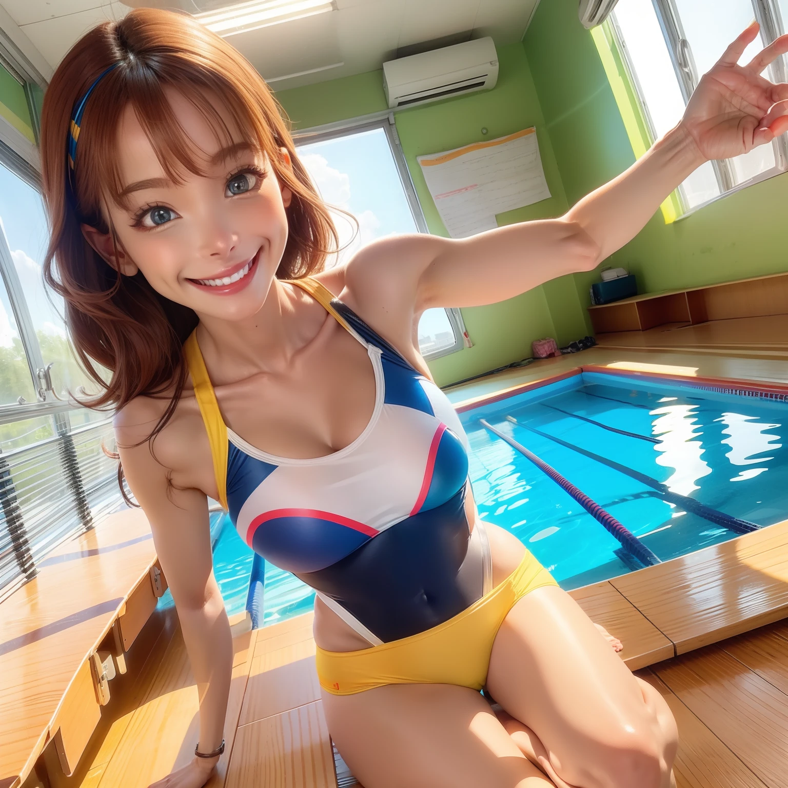 Bright and playful eyes, Detailed pupils, god light, rays of sunshine, inside a classroom, Smiling, Big smile, Kizi, solofocus,swim wears