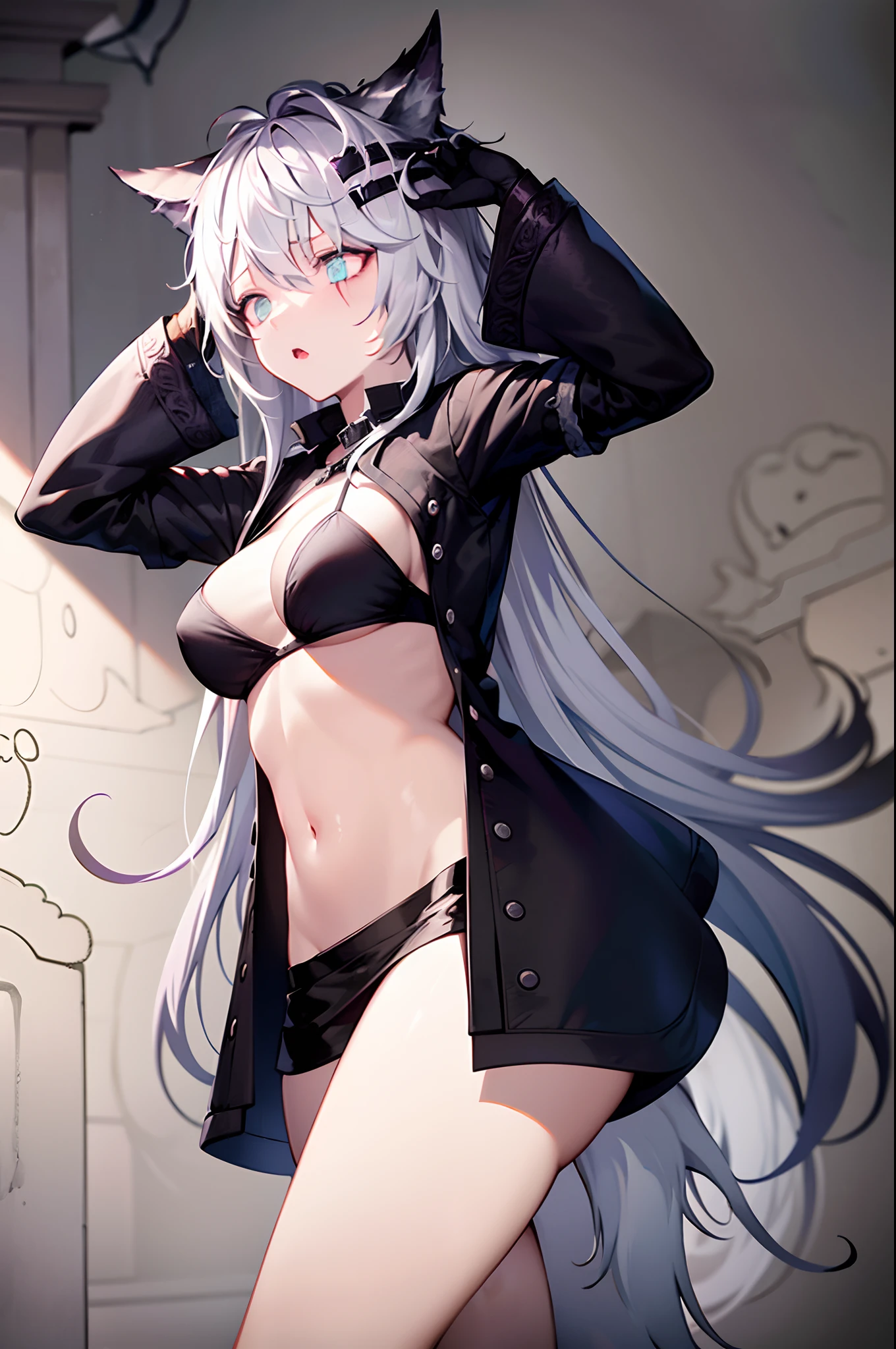 (Masterpiece), haunted house, ghosts, scary hall, paintings, angry expression, big boobs, short skirt, black bra, worried expression, floating ghost, eyes in wall, pink slime on walls, eyes in walls