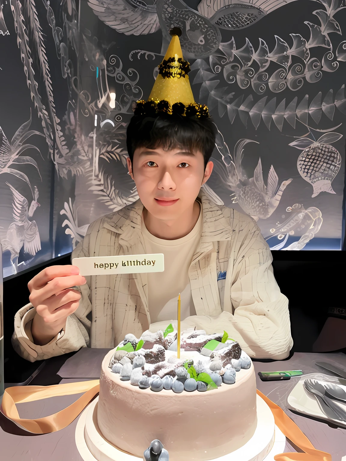 There was a man sitting at a table，Holding a cake and a card, happy birthay, Cai Xukun, he is about 2 5 years old, he is about 20 years old, he is about 2 0 years old, Shin Jinying, 🐿🍸🍋, he is about 30 years old, he is about 3 0 years old