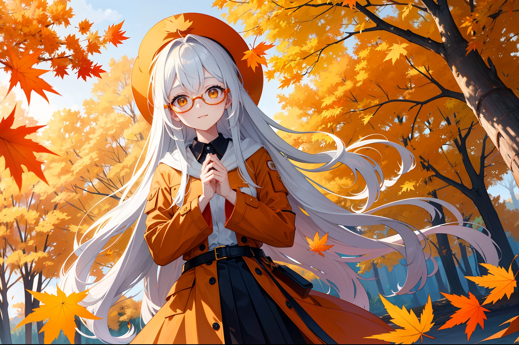 teens girl，Long white hair that reaches the waist，The tips of the hair gradually turn red，The dull hairs are gradient red，Red-orange glasses，ssmile，Side warm light，Maple leaves floating in the air in the background，Maple trees on both sides，wearing a trenchcoat，Holding a maple leaf in his hand，The main color of the picture is golden yellow，The season is autumn