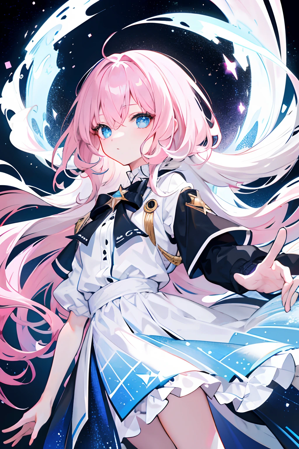 1 girl with light pink hair, Long slightly curly hair, Light blue eyes, Black and white dress, galaxias, Starcloud, Detailed eyes, Perfect full-body portrait, Preppy magic, upper body image, confidence, Bright star