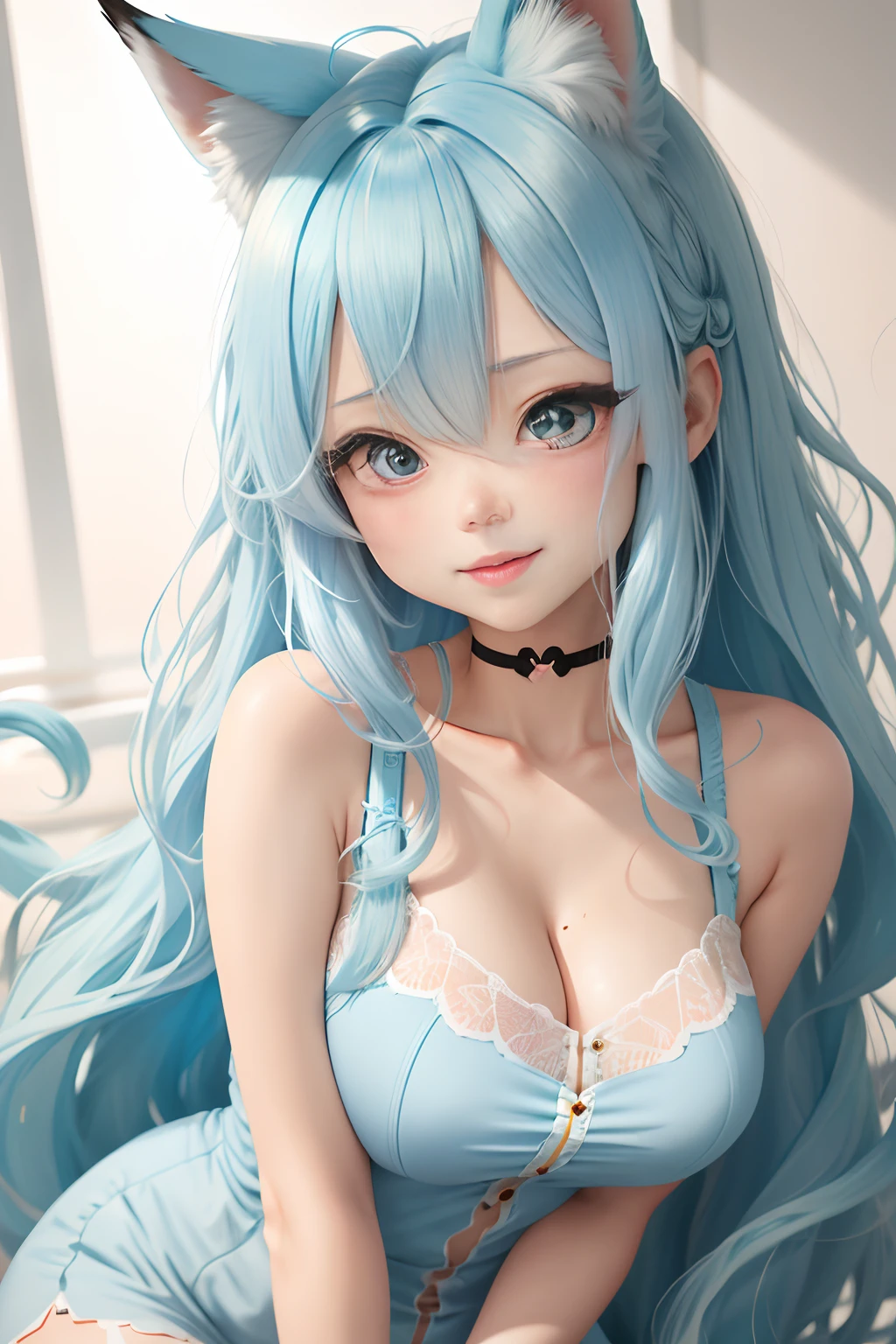 light blue hair, long hair, side swept bangs, big hair, floating hair, hair spread out, hair over one eye, antenna hair, hollow eyes, aqua eyes, fox ears, blush, shy, tongue, parted lips, nervous smile, ear blush, heart in eye, heavy breathing, moaning, drooling, torogao, glint, full-face blush, oral invitation, high detail, interior architecture, textured skin, masterpiece