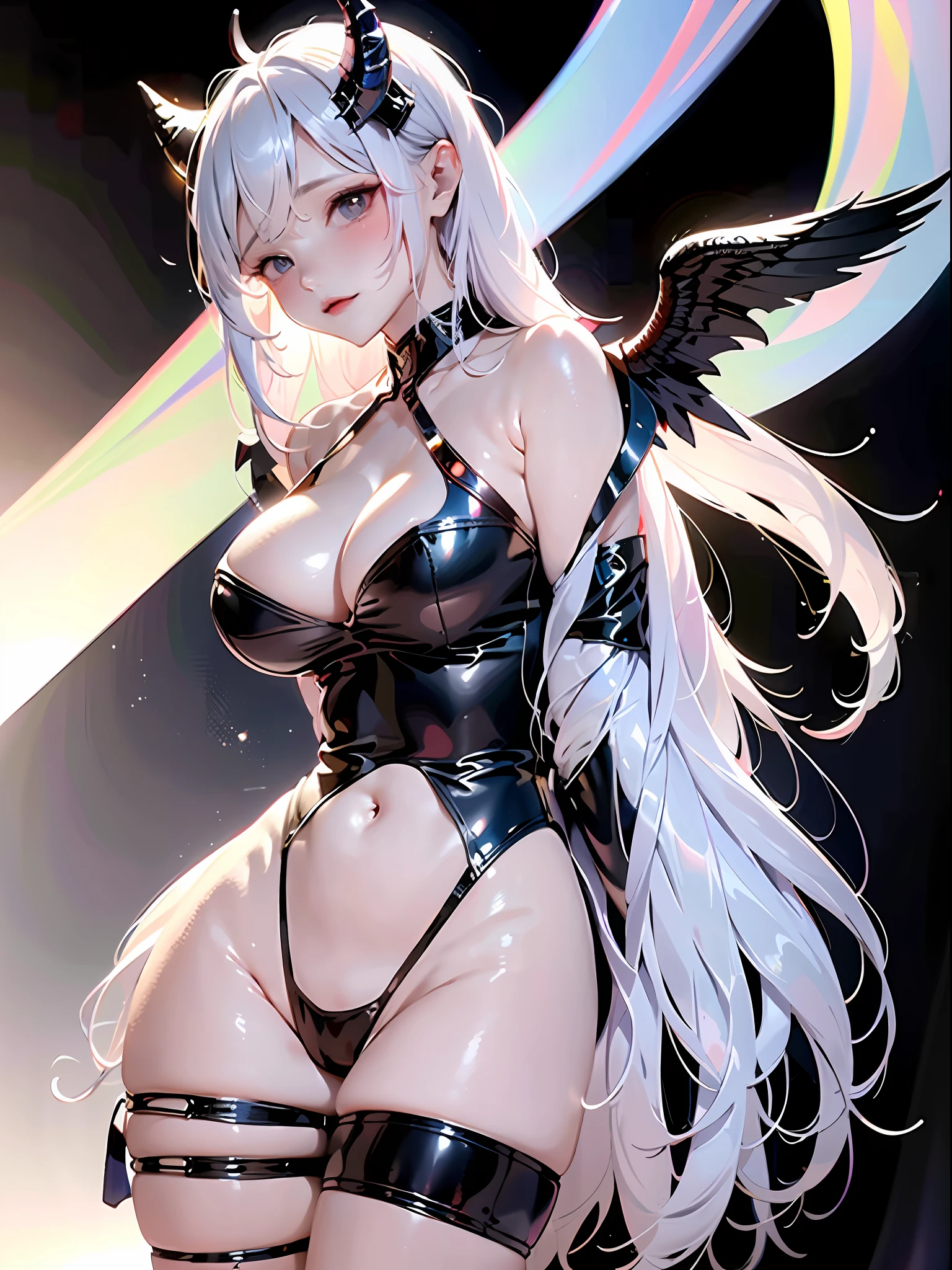 1girl, huge breasts focus, solo, horns, long hair, albedo (overlord), wings, large breasts, dress, hip vent, black wings, white gloves, gloves, looking at viewer, black hair, white dress, bare shoulders, hair between eyes, yellow eyes, feathered wings, demon horns, smile, feathers, demon girl, cleavage, slit pupils, detached collar, bangs, very long hair, closed mouth, black feathers, cowboy shot, covered navel, elbow gloves, white horns, standing, demon wings , hands on own breast, breast focus,Breast kneading