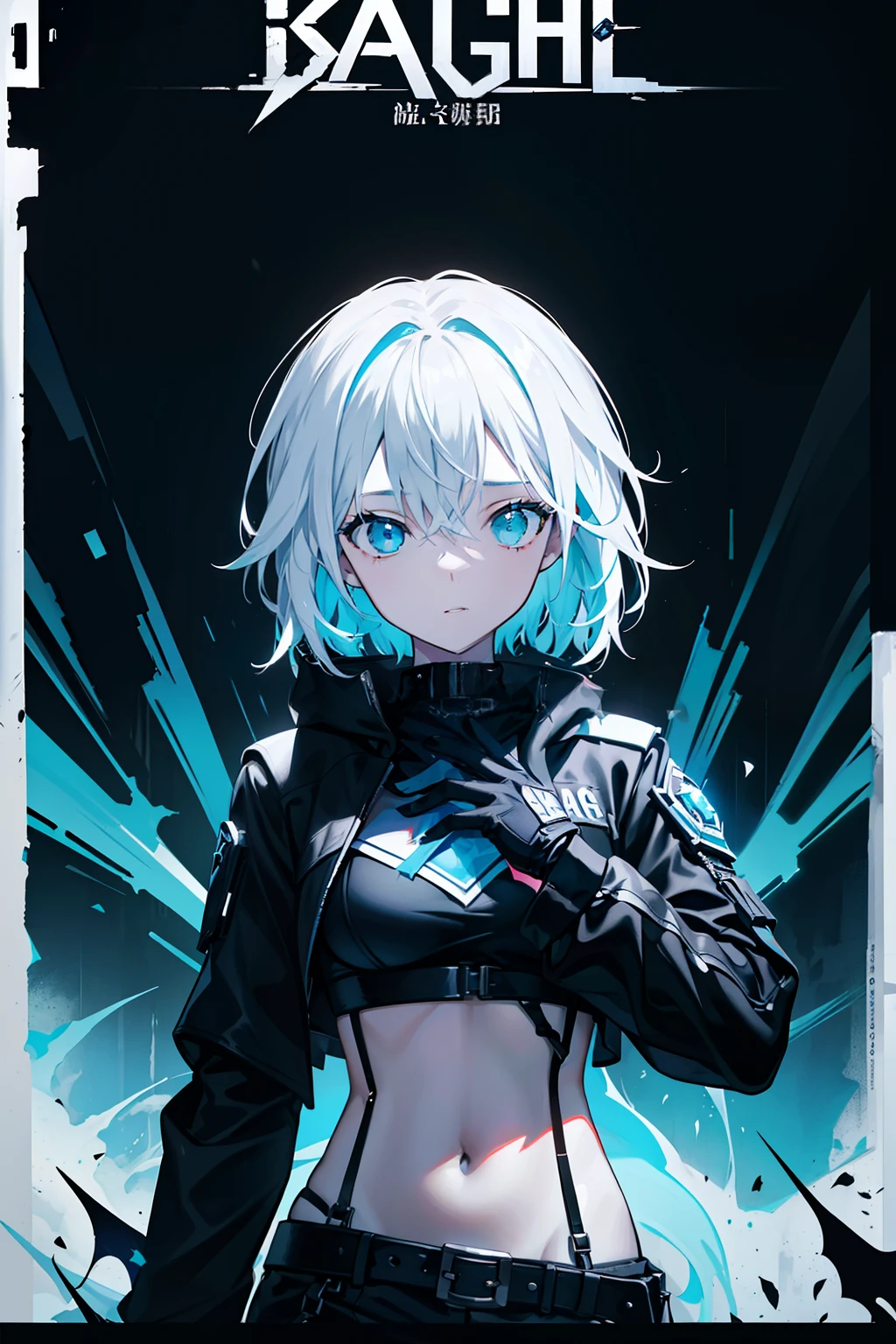 Movie poster featuring a young woman as the main character、Edgy outfits、Dark and rough background、Text is bold and attention-grabbing、The color palette is predominantly dark、Splashes of bright colors、white and blue