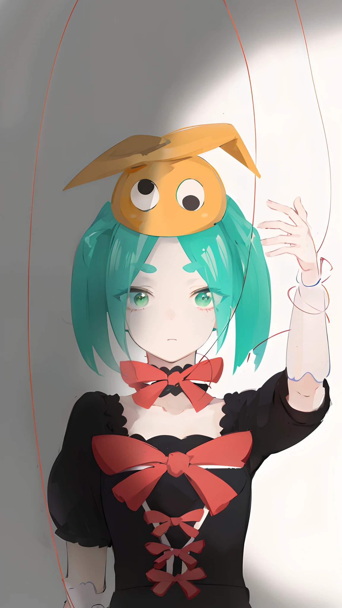 (((masterpiece))), best quality, ultra-detailed, Fantastic axe nogi Yuji style girl and puppet, Facial paralysis expression, Dressed in a gorgeous black silk dress and ta style, Blue-green hair, Bow decoration, short eyebrows, Wearing a collar, There is a slime overhead。