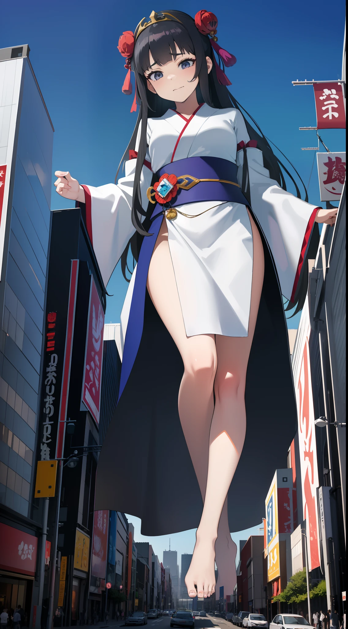 high quality masterpiece, tmasterpiece, Anime style (One girl is a Japanese priestess) dark long hair, gray eyes, An indifferent face. bare feet. giantess, The city, equipment