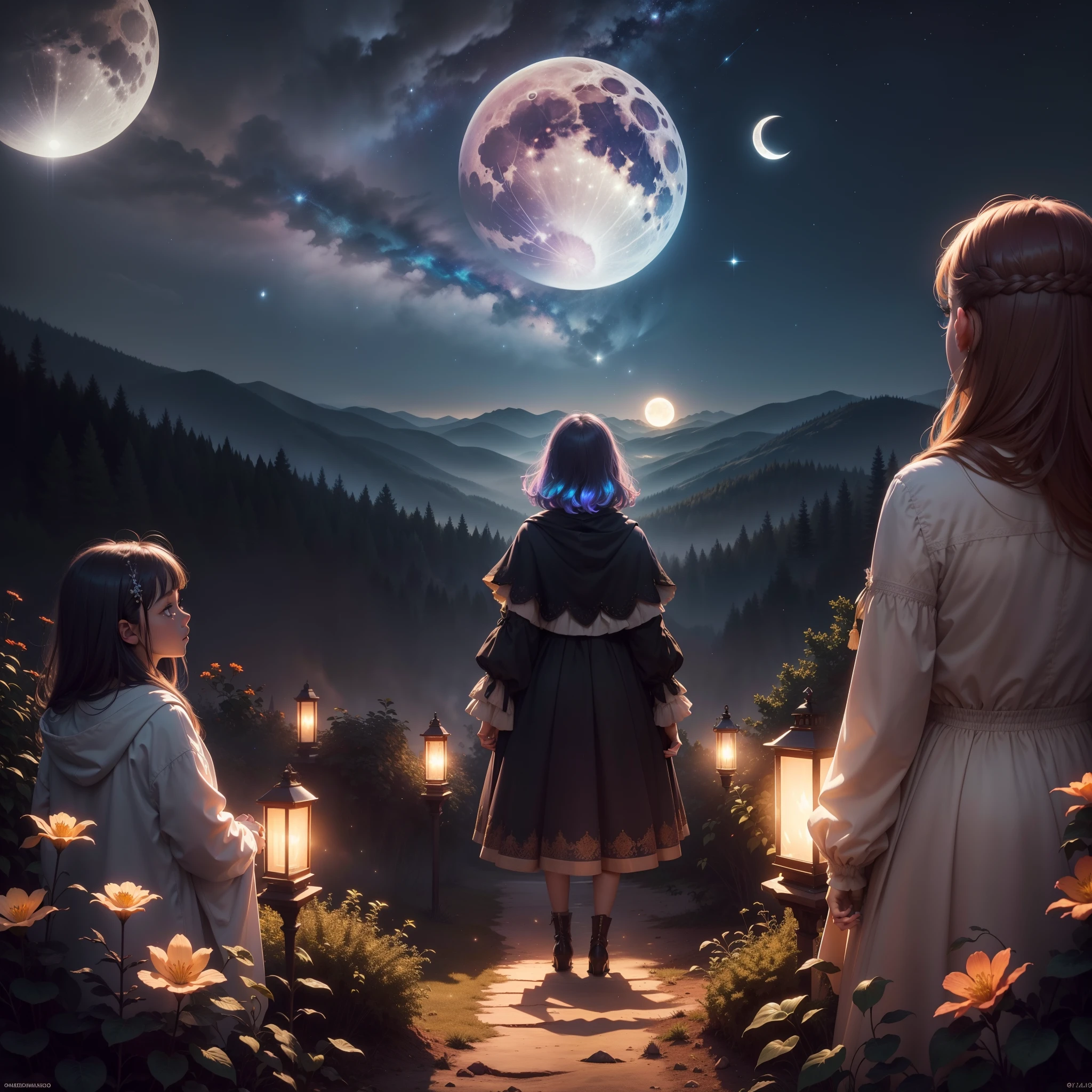 Expansive landscape photograph, (view from below with a view of the sky and the wilderness below), girl standing in a flower field looking up, (full moon: 1.2), (shooting star: 0.9), (nebula: 1.3), distant mountain, tree break production art, (warm light source: 1.2), (firefly: 1.2), lamp, purple and orange, intricate detail, volume lighting BREAK (masterpiece: 1.2), (highest quality ), 4k, ultra-detailed, (dynamic configuration: 1.4), highly detailed and colorful details (iridescent: 1.2), (sparkling lighting, atmospheric lighting), dreamy, magical, (solo: 1.2)