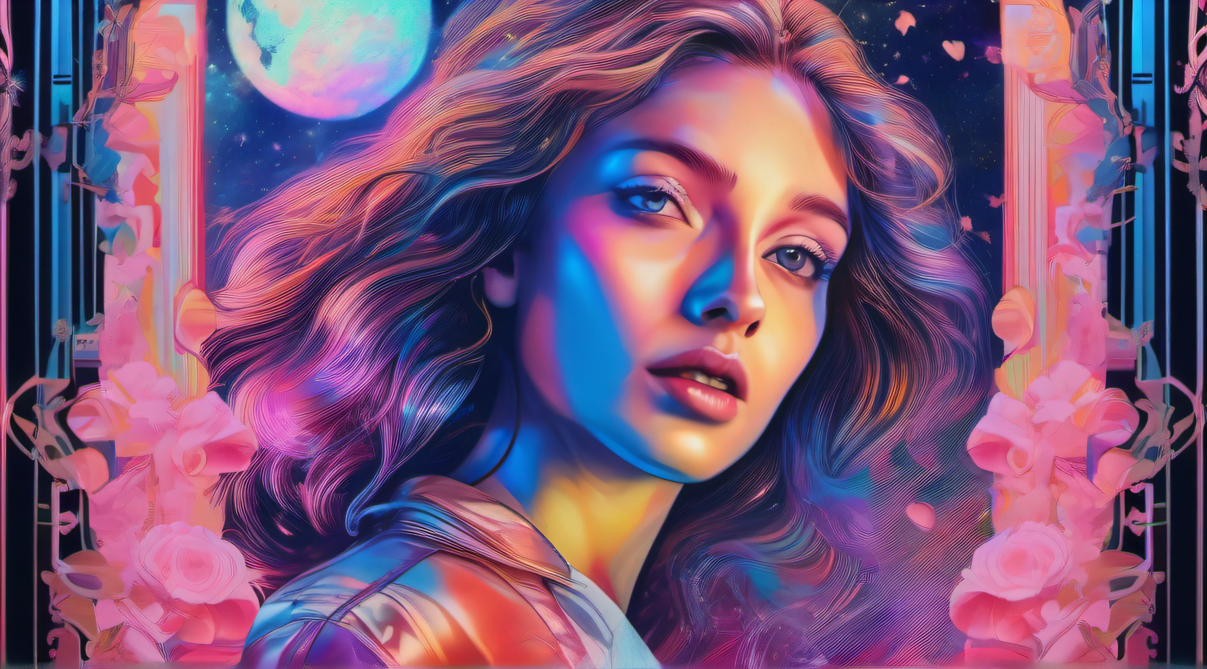 Mixed-Media-Kunstwerk, Hyperwave-Cover-Artwork, wallpaper, photorealistic, art nouveau, ornamental halo, pink ink, blue pastels, young woman in a storm of planets and rose petals and stars, high emotion, sparkling light, holographic impression, inspired by Van Gogh and leonardo Davinci, vibrant colors, high saturation
