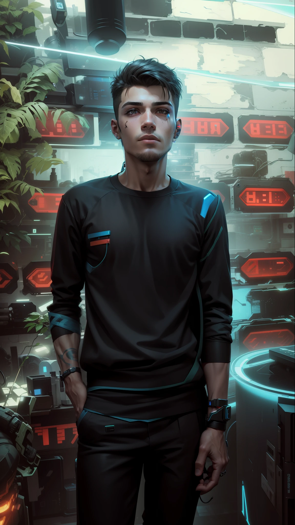 Cyberpunk handsome boy ultra realistic face with computer