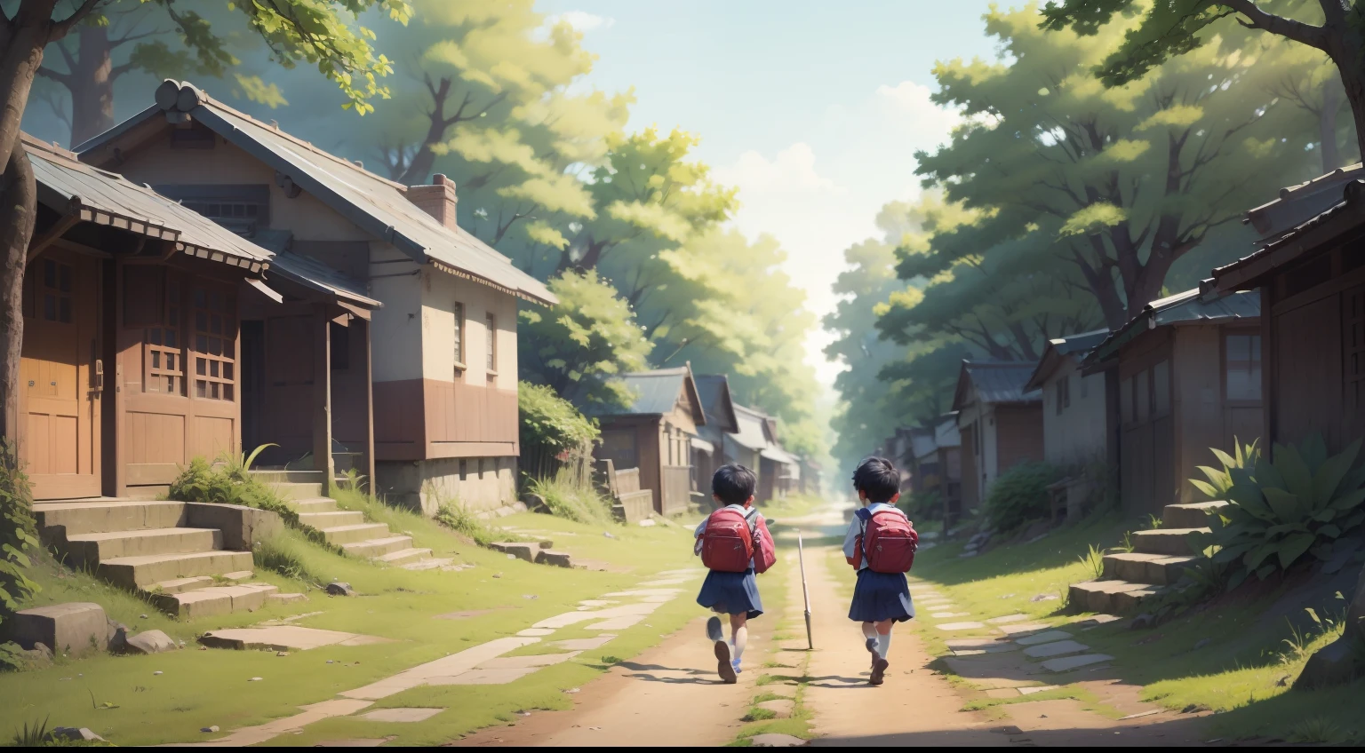 A fork in the village road，The backs of the two little boys walked to each side，They all carry school bags。