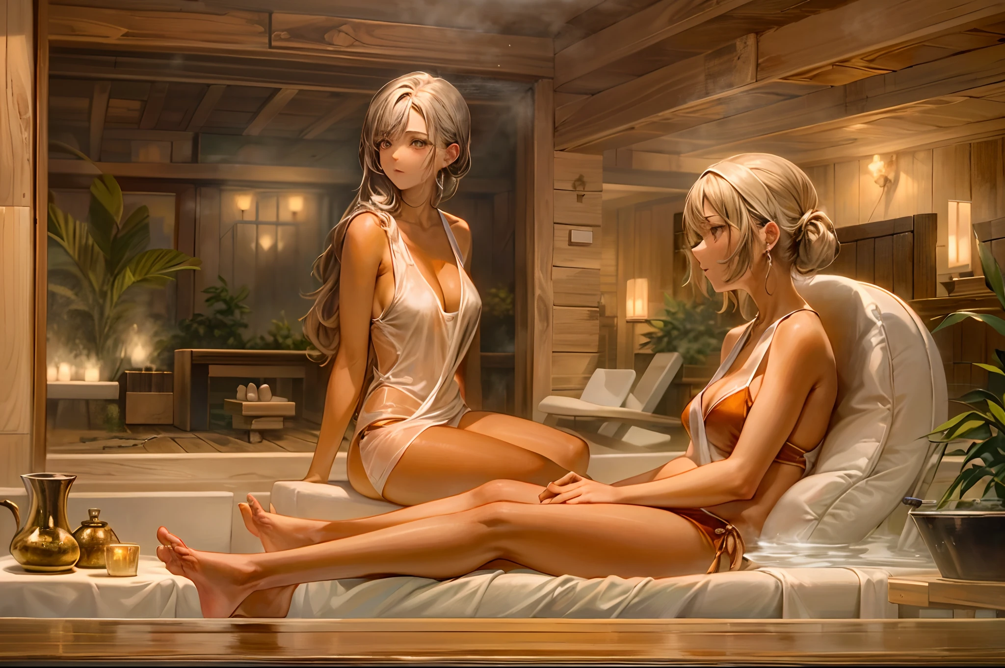 Set within an elegant spa, three women lounge in the sauna wearing chic bathing suits, the interior designed with marble and glass accents, soft music playing in the background, the steam wrapping them in a sense of relaxation, Oil painting on canvas, using rich, warm tones to capture the luxurious ambiance