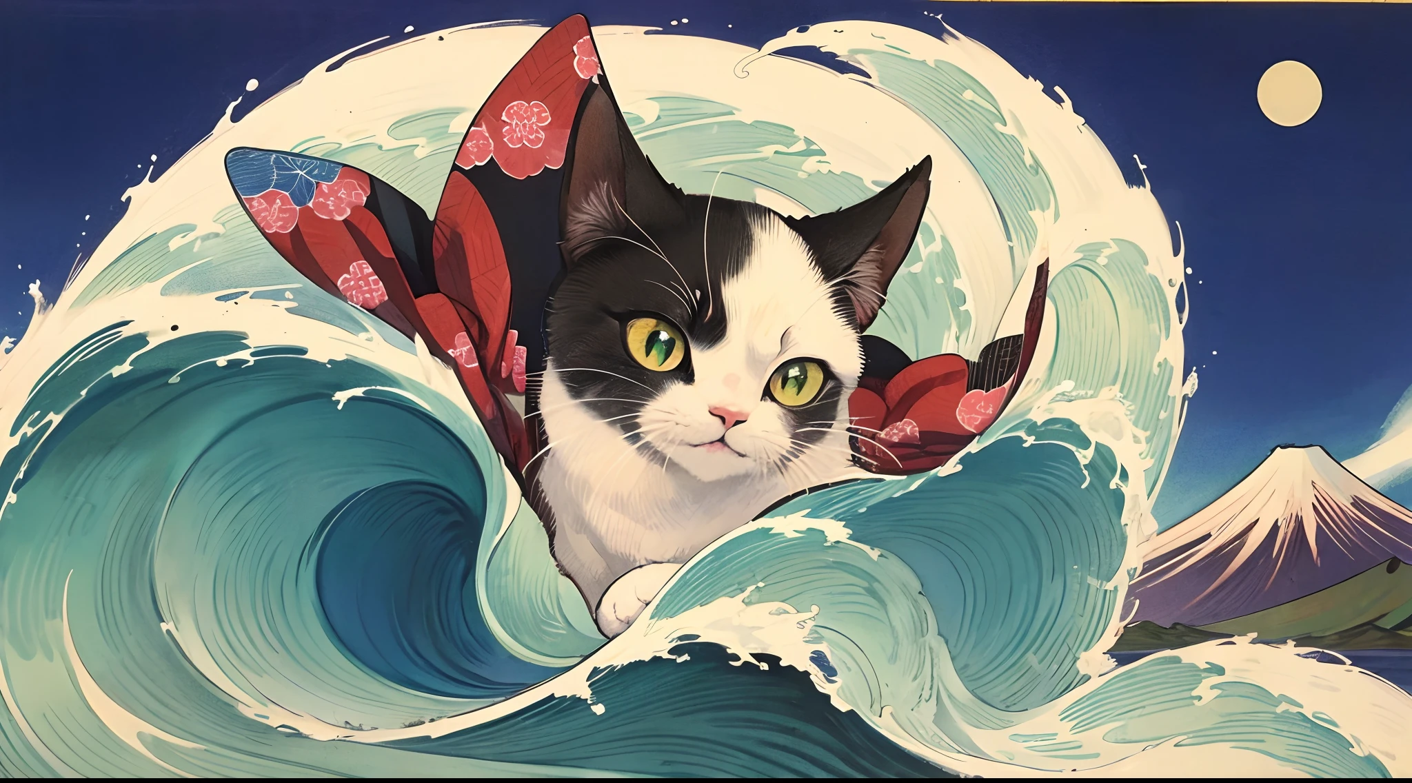 Ukiyo-e Cat from the big waves off Mt. Fuji