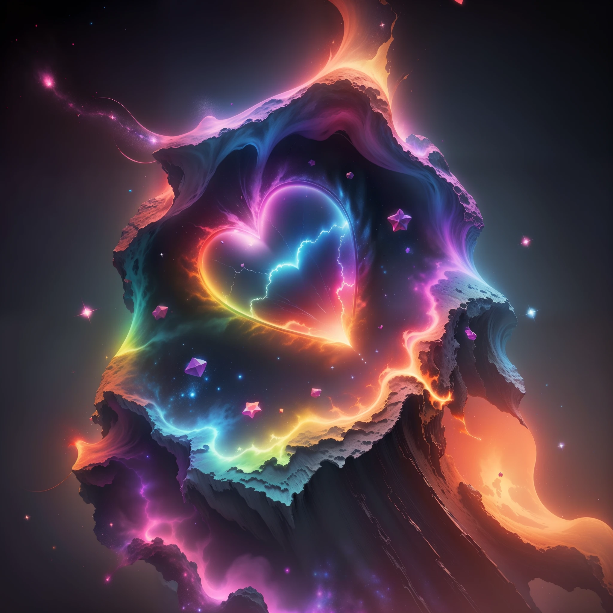 A multicolored heart-shaped nebula surrounded by bright stars, uhd, hyperdetailed, octane rendering, beautiful colors."Ultra HD, hyperdetails, vibrant colors, "A masterpiece in superior quality, with exceptional attention to details