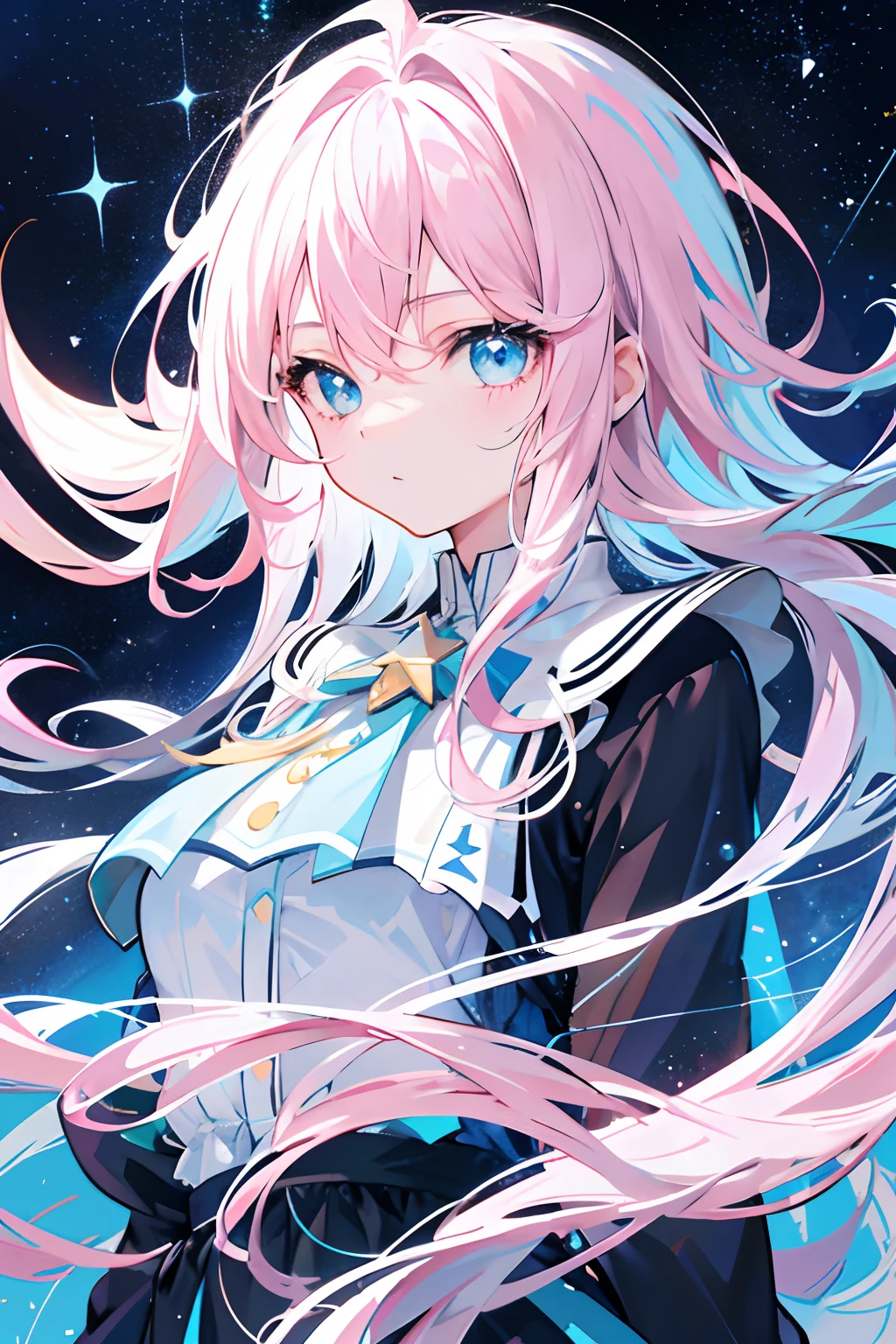 1 girl with light pink hair, Long slightly curly hair, Light blue eyes, Black and white dress, galaxias, Starcloud, Detailed eyes, Perfect full-body portrait, Preppy magic, Upper body image, confidence, bright star