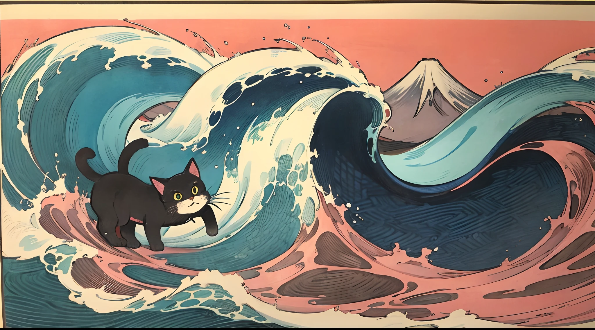 Ukiyo-e Cat from the big waves off Mt. Fuji