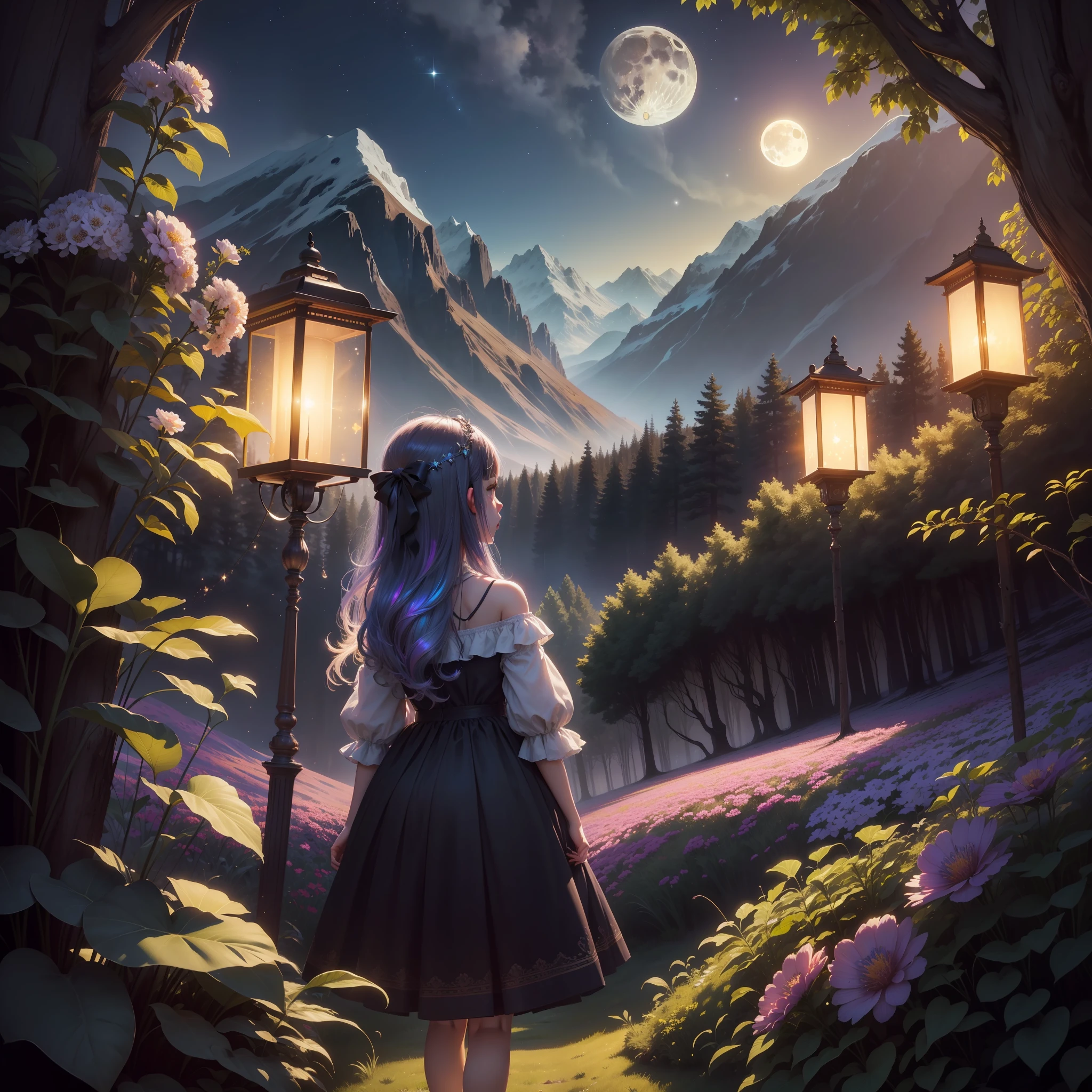 Expansive landscape photograph, (view from below with a view of the sky and the wilderness below), little girl standing in a flower field looking up, (full moon: 1.2), (shooting star: 0.9), (nebula: 1.3), distant mountain, tree break production art, (warm light source: 1.2), (firefly: 1.2), lamp, purple and orange, intricate detail, volume lighting BREAK (masterpiece: 1.2), (highest quality ), 4k, ultra-detailed, (dynamic configuration: 1.4), highly detailed and colorful details (iridescent: 1.2), (sparkling lighting, atmospheric lighting), dreamy, magical, (solo: 1.2)