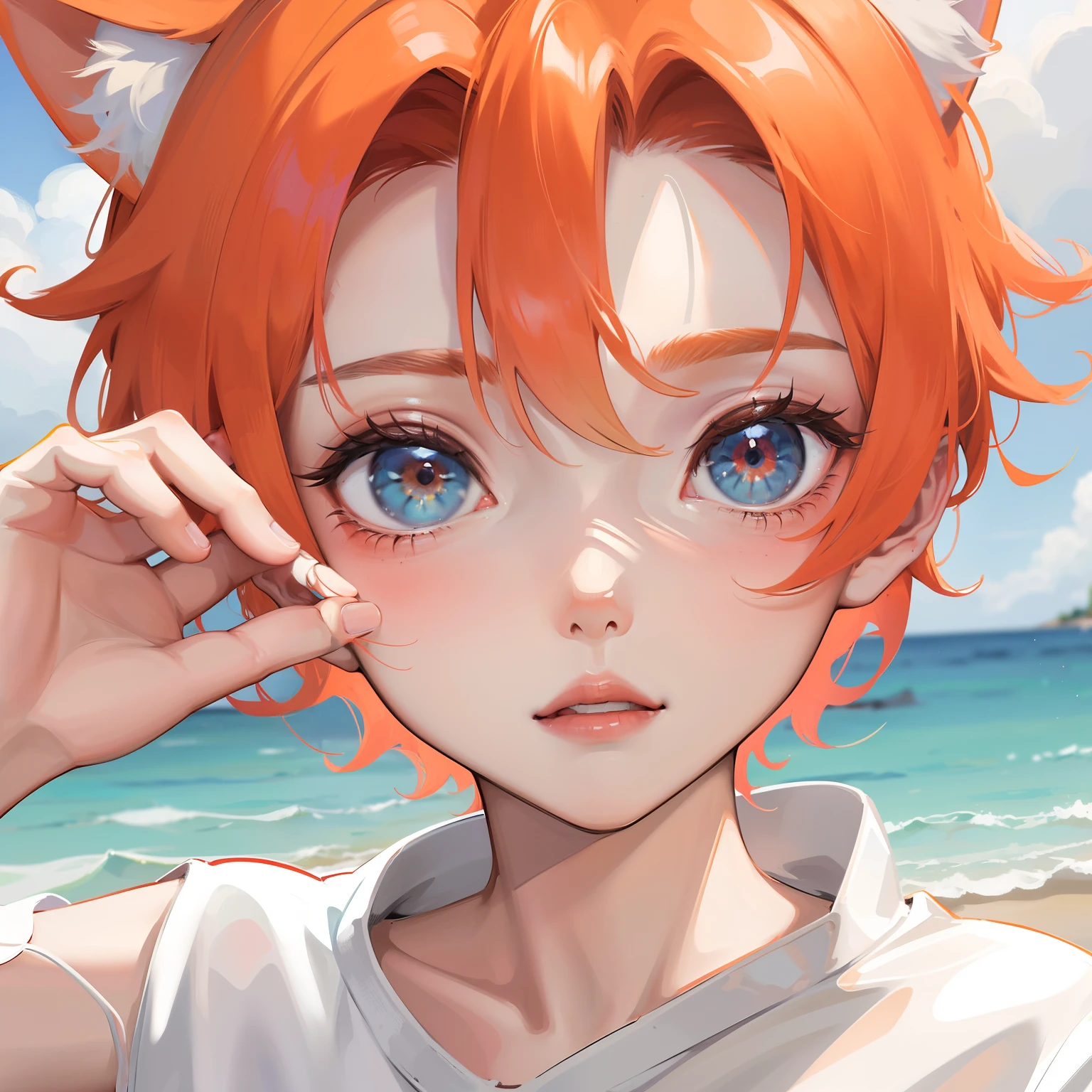 younge boy，There are cat ears on the head，White T-shirt，Fair skin，cute  face，aggrieved look，Short kumorange hair，Seaside with cloudy background，Face portrait